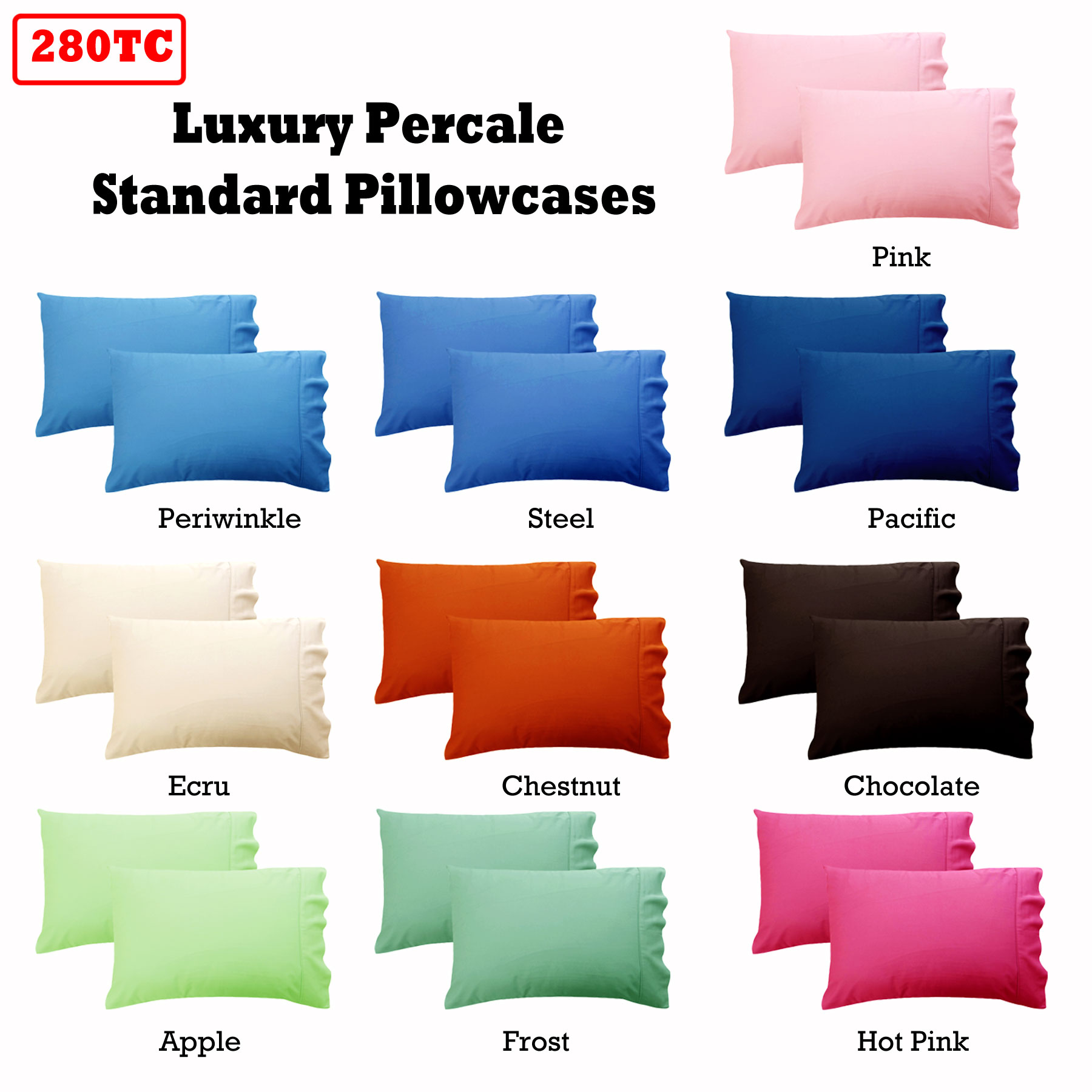 Pair of 280TC Luxury Percale Standard Pillowcases 48 x 73cm