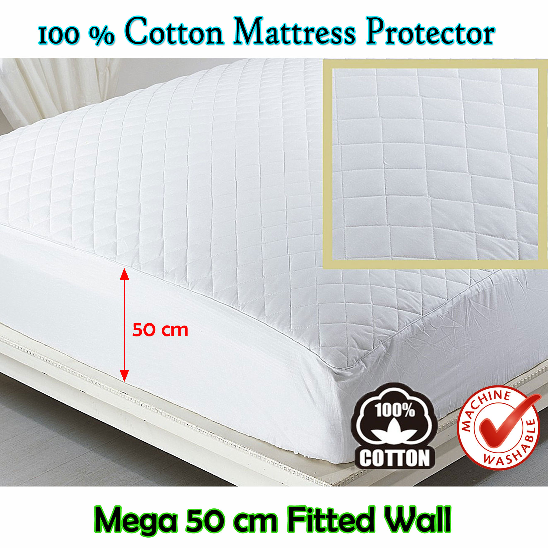 Fully Fitted 50cm Mega Wall - 100% COTTON Quilted Mattress Protector QUEEN KING