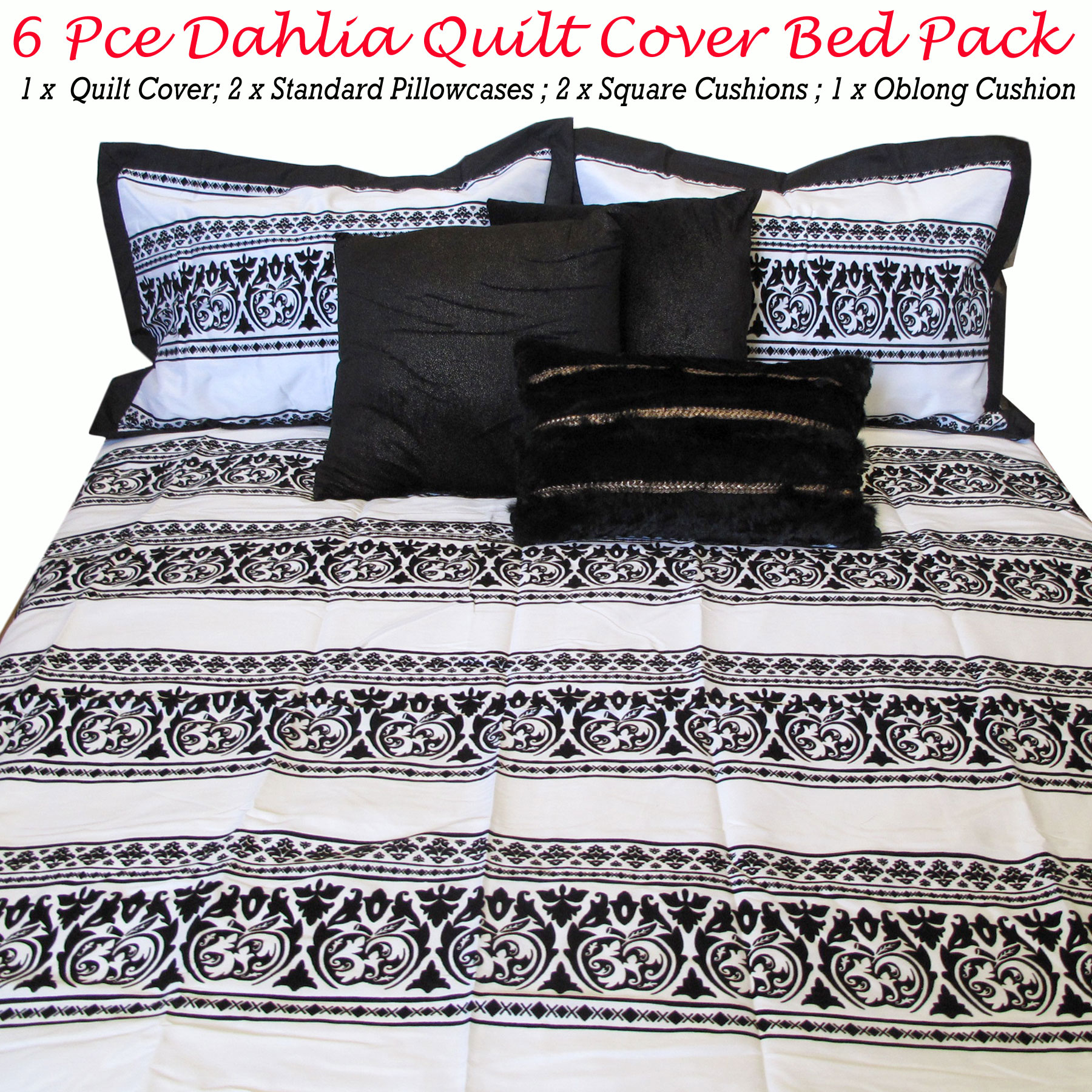 6 Pce Dahlia Black White Queen Quilt Cover 2 Pillowcase 3