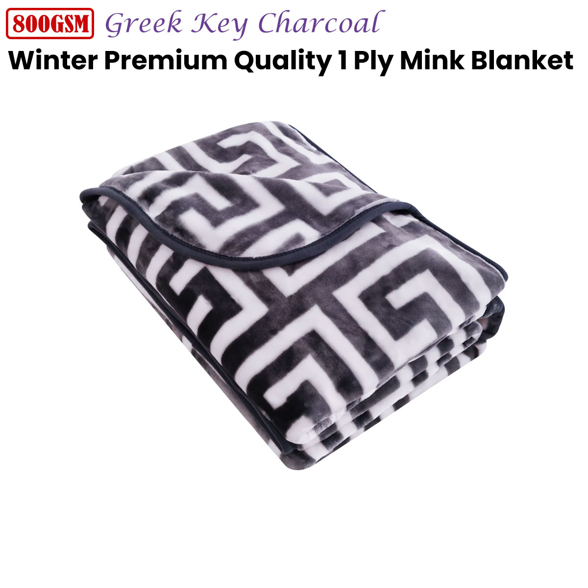 Bloomington 800GSM Greek Key Charcoal Winter Premium Quality 1 Ply Mink Blanket