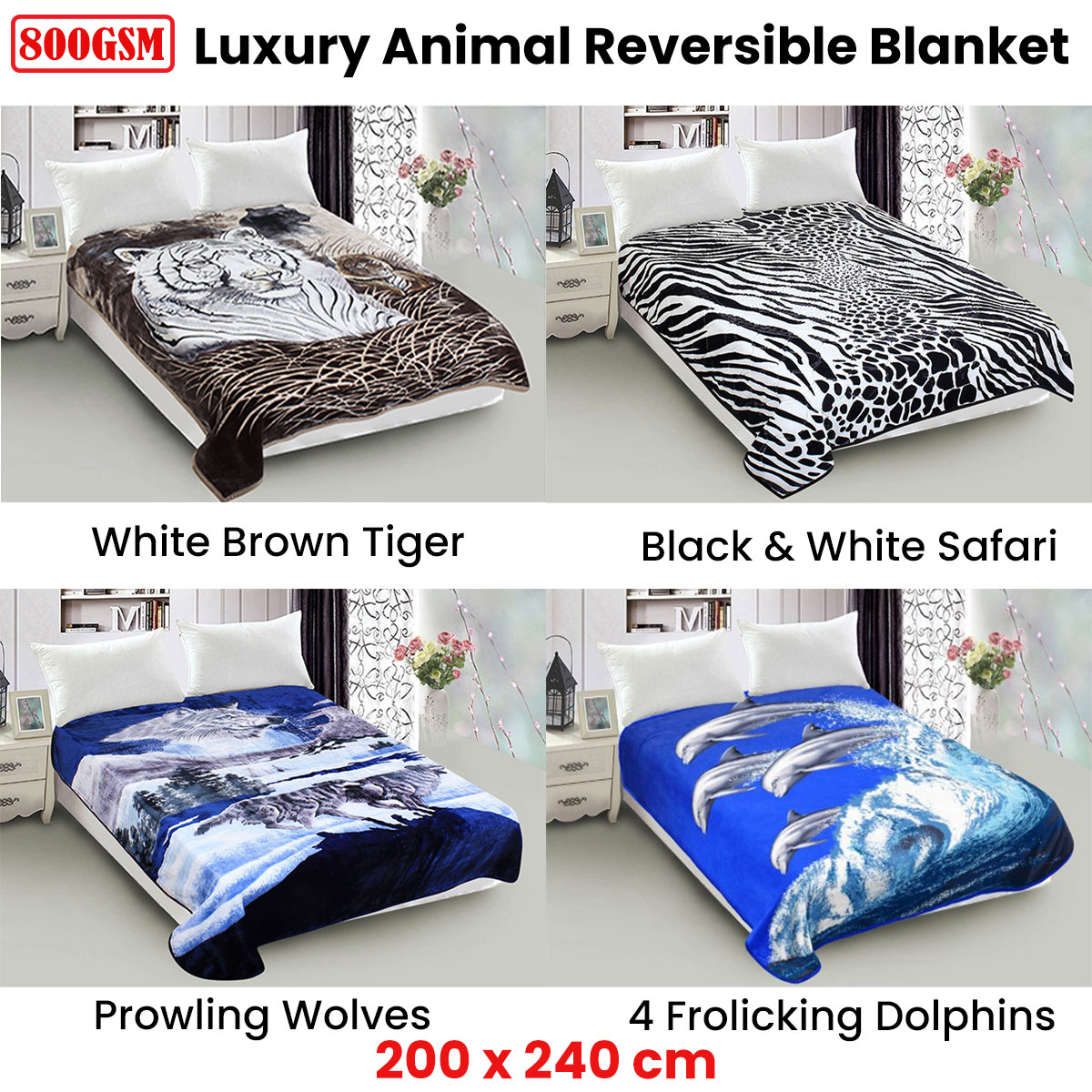 800GSM Luxury Reversible Animal Mink Blanket Queen 200 x 240 cm