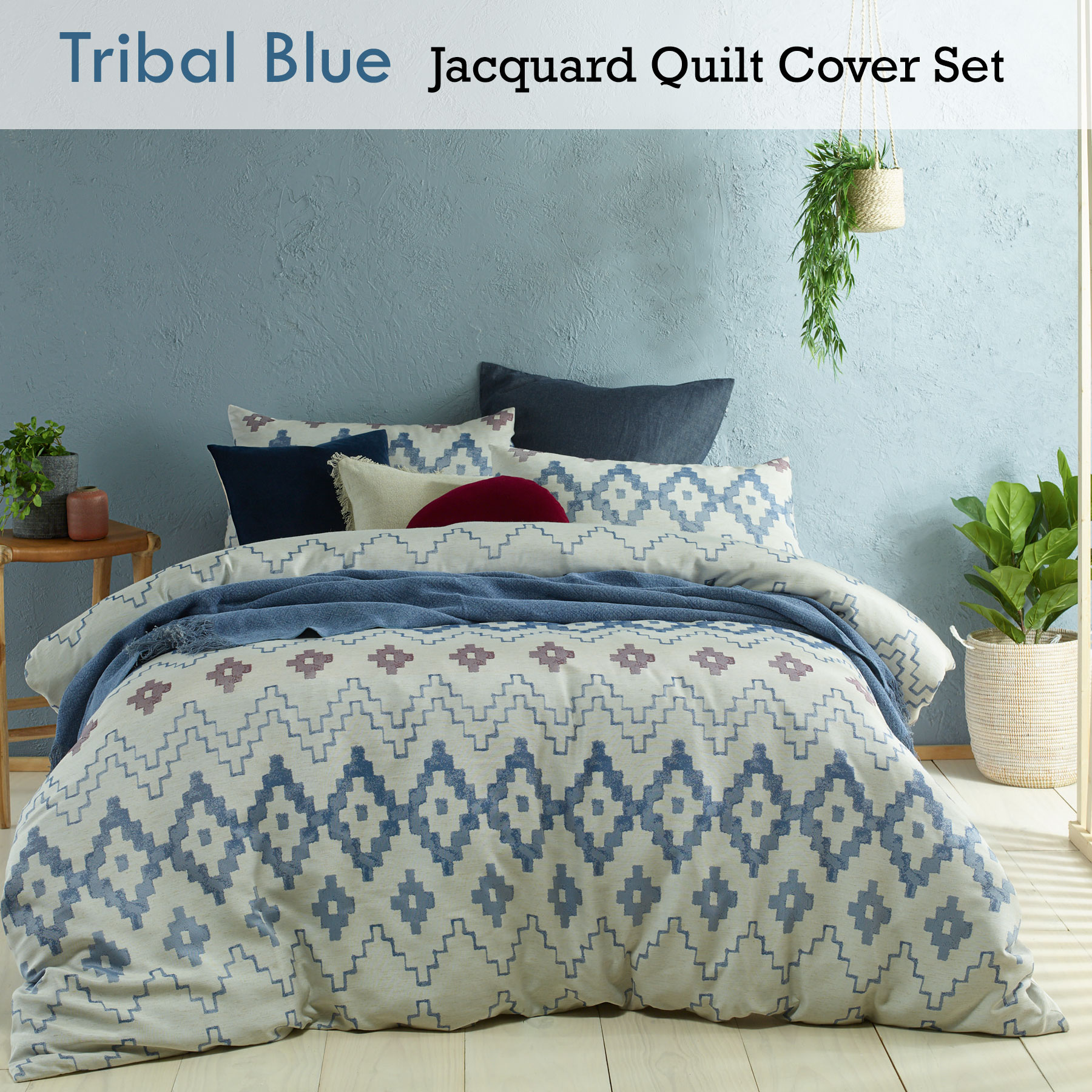 3 Pce Tribal Blue Jacquard Quilt Doona Duvet Cover Set Queen