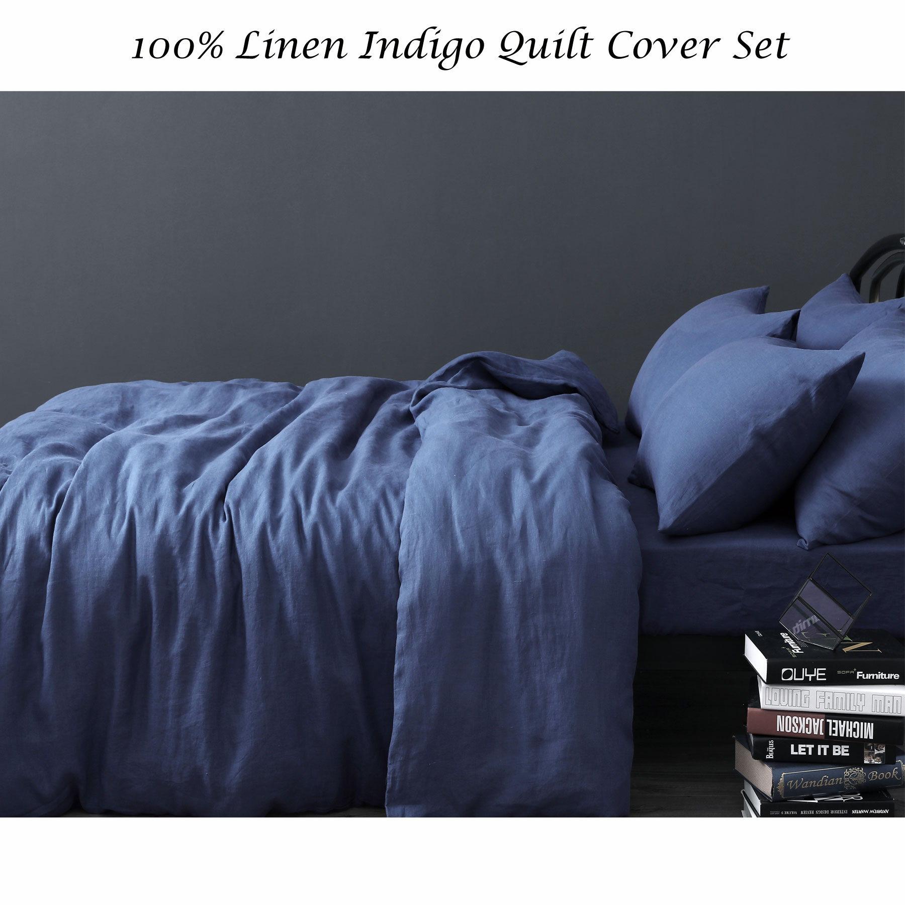 100 Natural Pure Linen Indigo Blue Quilt Duvet Cover Set Queen
