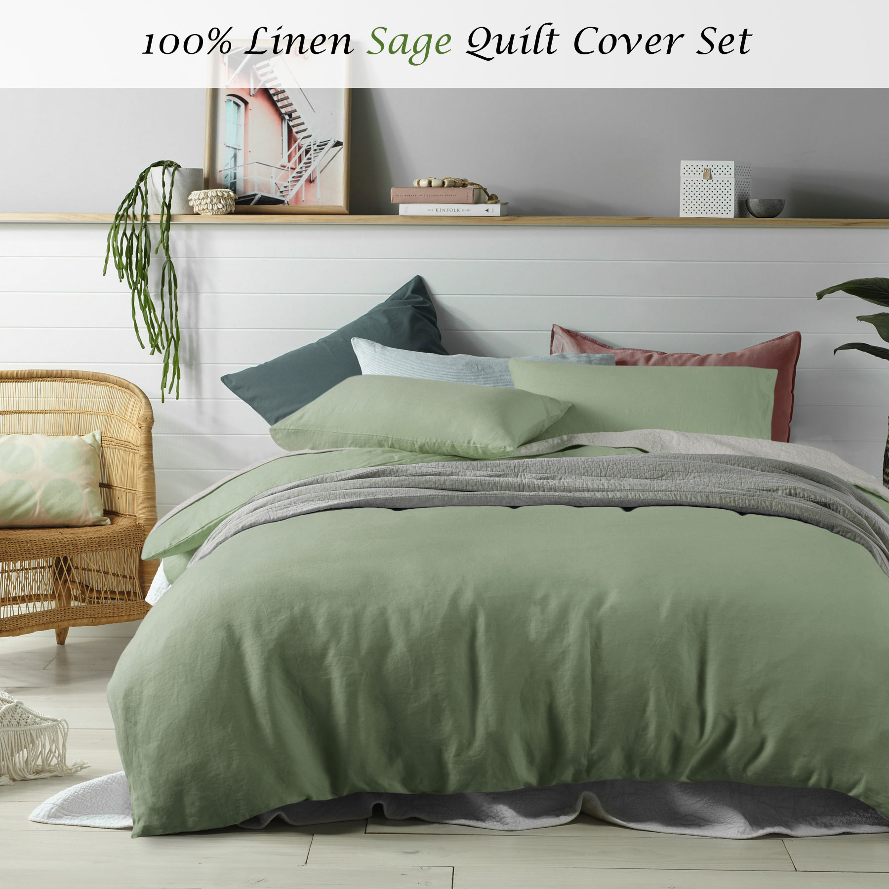 100 Linen Sage Quilt Cover Set Single Double Queen King Super