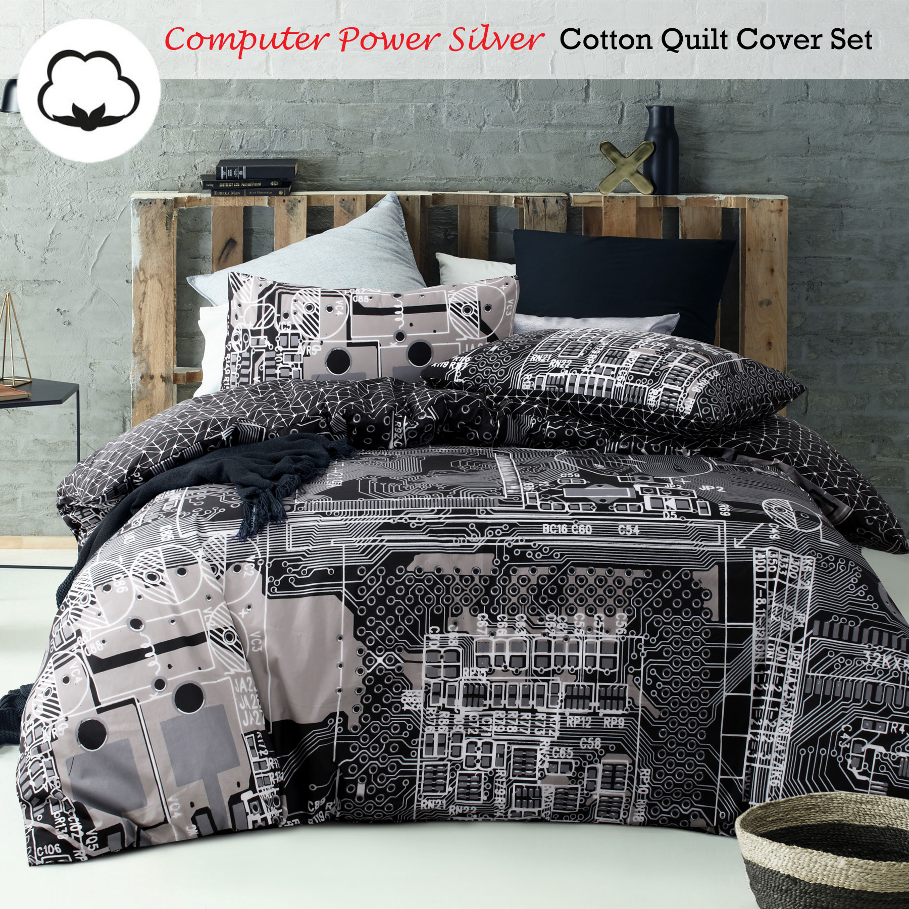 100 Cotton Computer Power Technology Silver Quilt Cover Set
