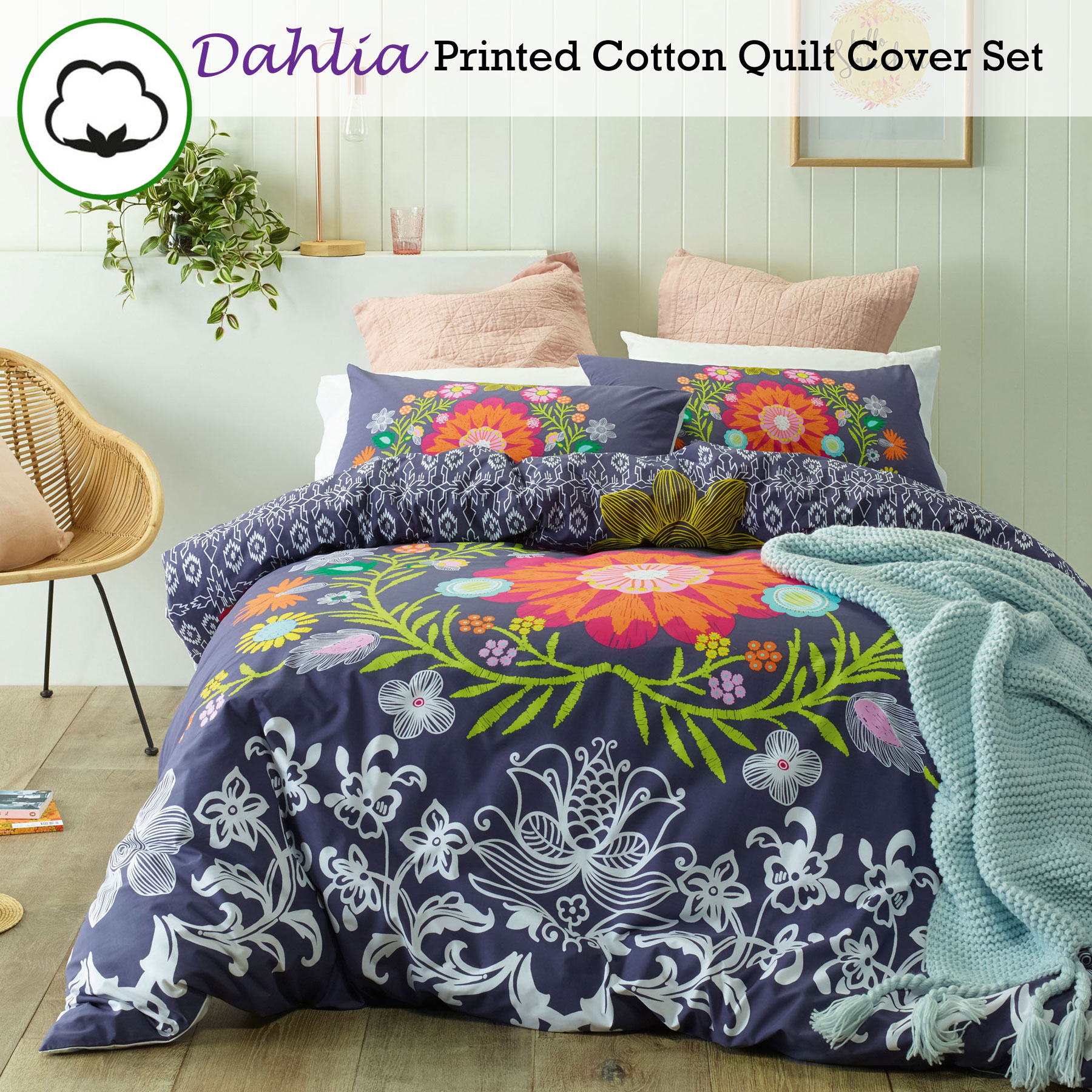 3 Pce 100 Cotton Dahlia Indigo Floral Quilt Doona Duvet Cover Set