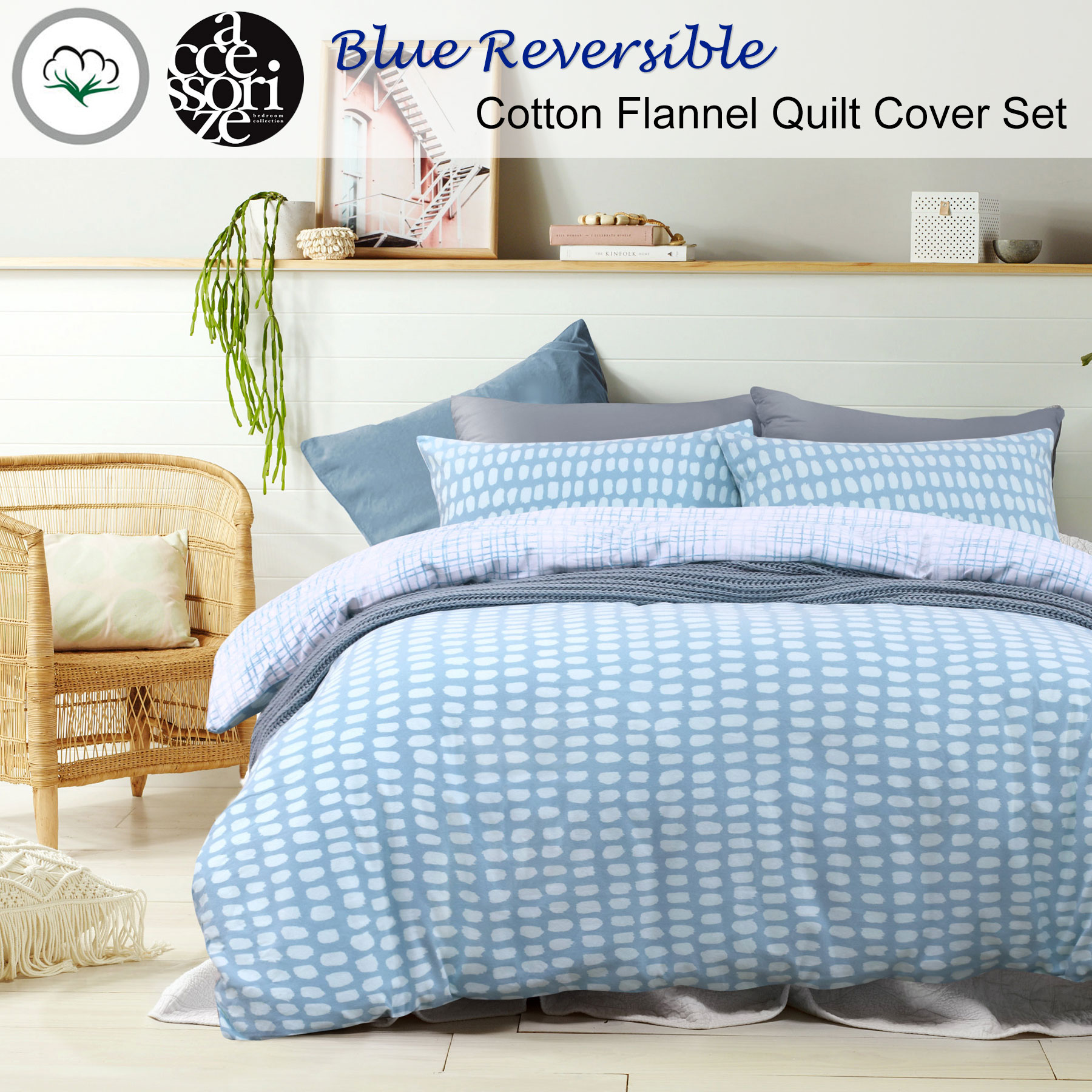 3 Pce Blue Reversible Cotton Flannel Quilt Cover Set By