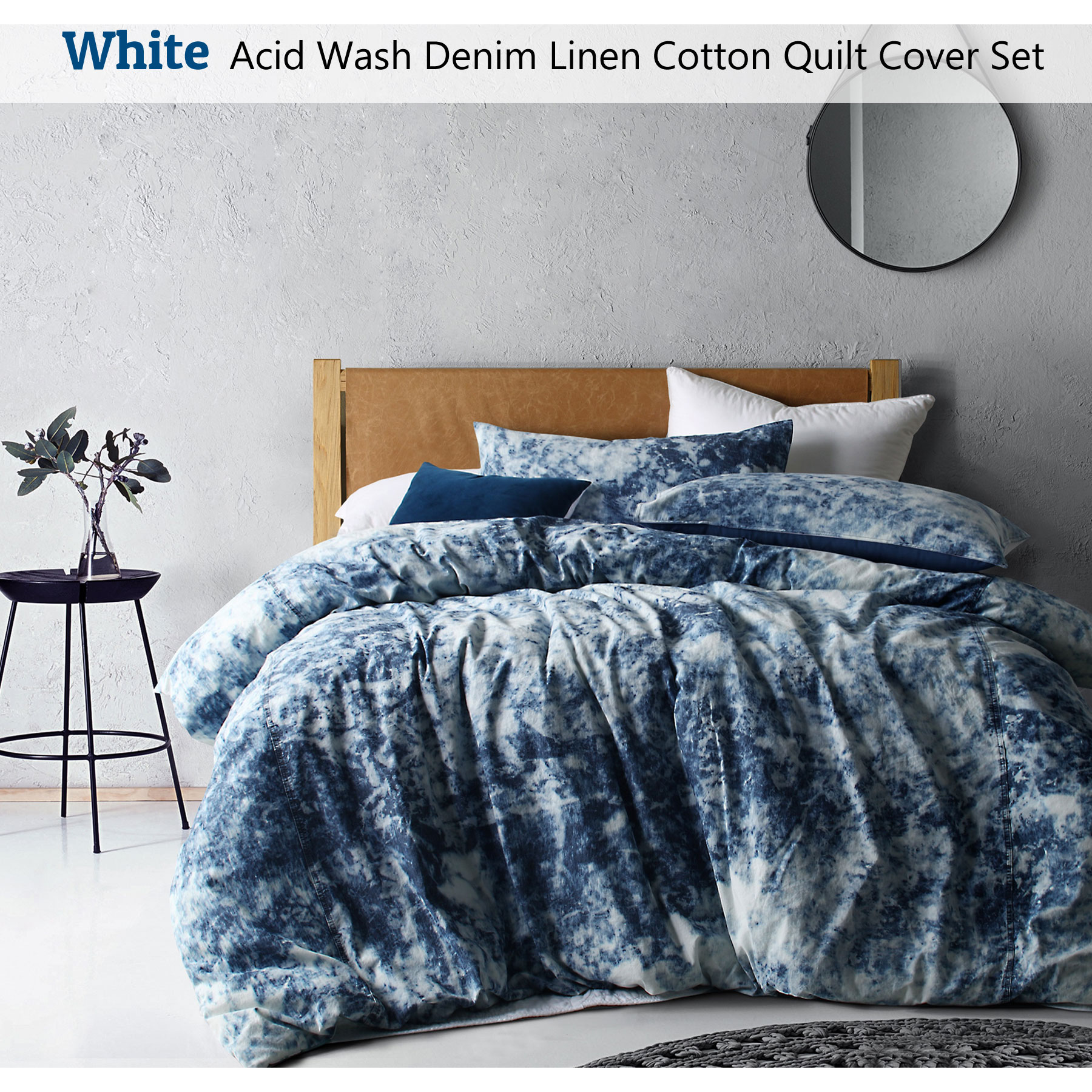 Acid Wash Denim Linen Cotton Quilt Cover Set White Double Queen