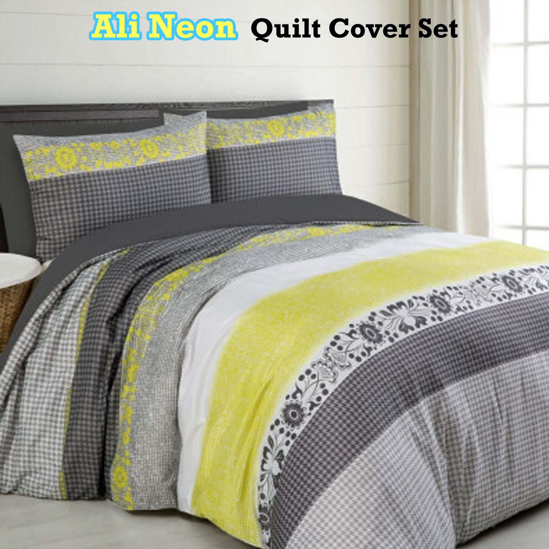 Ali Neon Grey Yellow Quilt Duvet Cover Set Single Double Queen