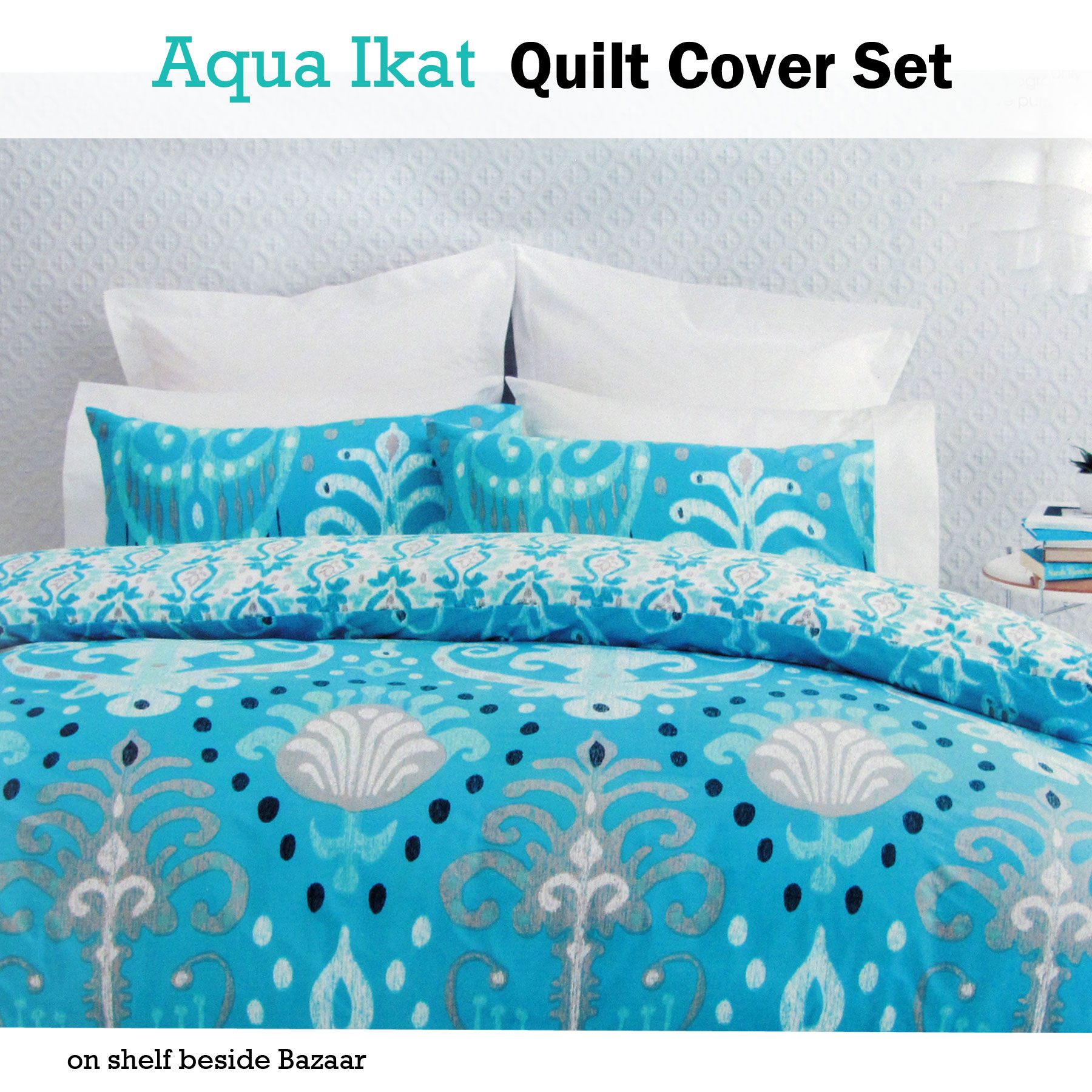 Aqua Ikat Polyester Cotton Quilt Cover Set Single Double Queen