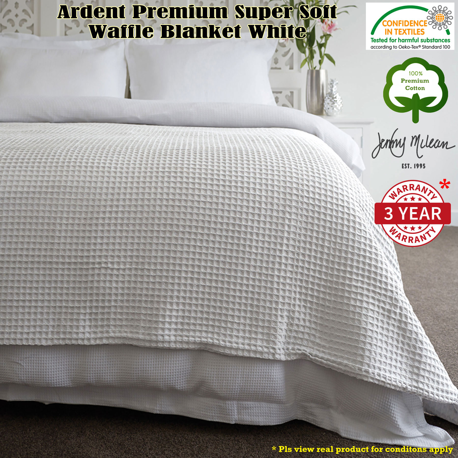 WHITE Premium Super Soft Pure Cotton WAFFLE Blanket - Queen Or King / Super King