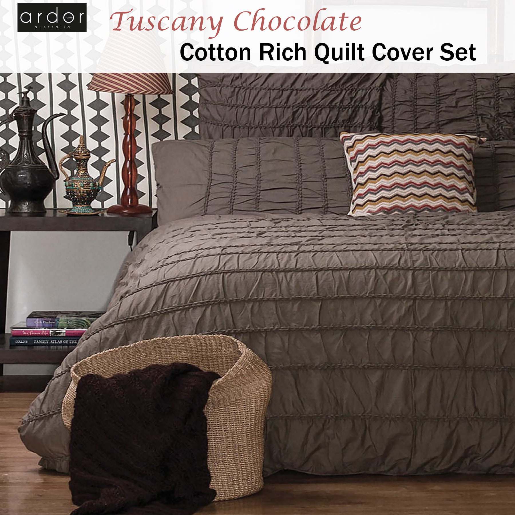 3 Pce Cotton Rich Tuscany Chocolate Ruched Quilt Cover Set By