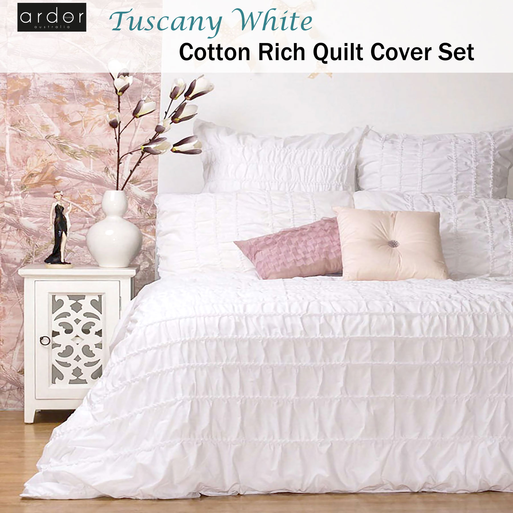 3 Pce Cotton Rich Tuscany White Ruched Quilt Cover Set By Ardor
