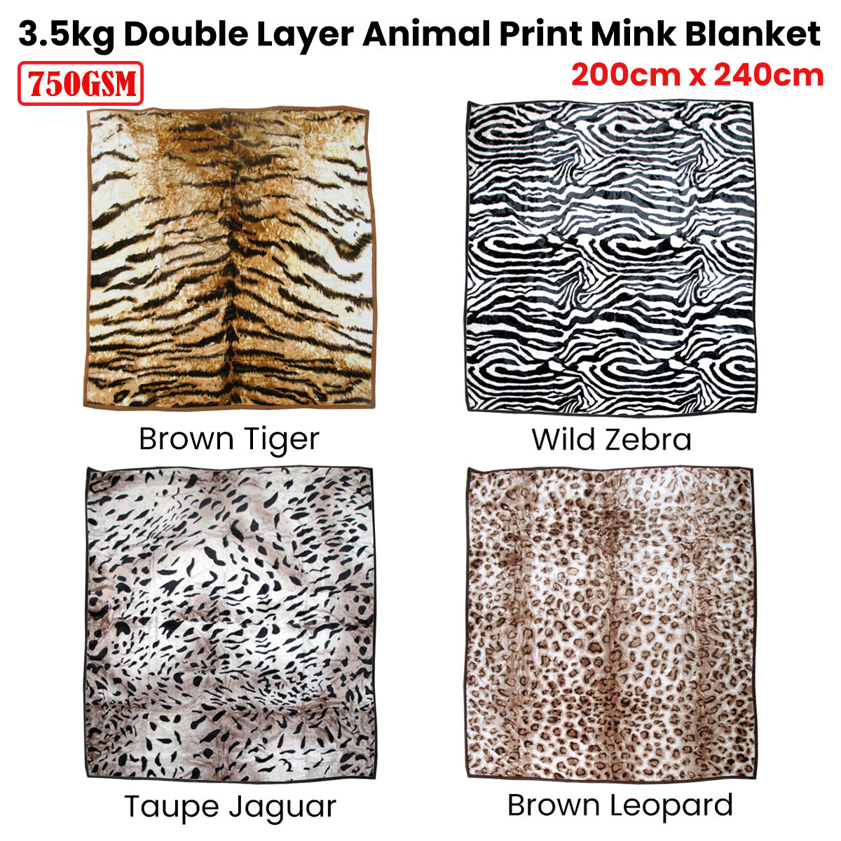 750gsm 3.5kg Double Layer Animal Print Faux Mink Blanket Queen 200x240 cm