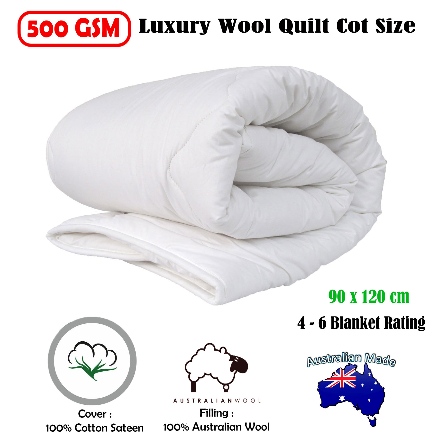 Made in Australia 500GSM Australian Wool Winter Baby Quilt Doona Duvet COT SIZE