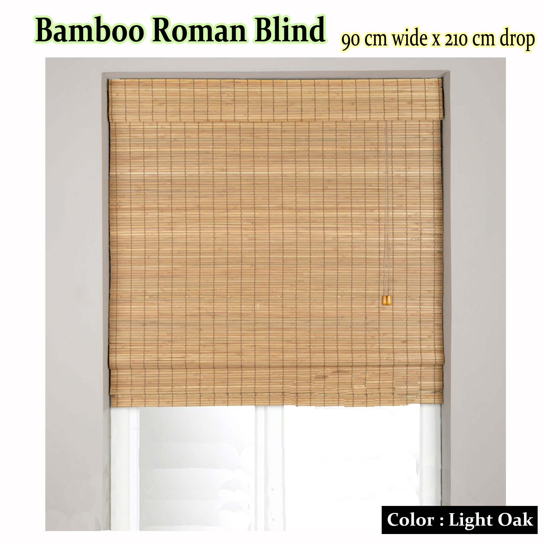 Bamboo Roman Shade with Fittings - 90x210cm Light Oak by Caprice - FREE POST