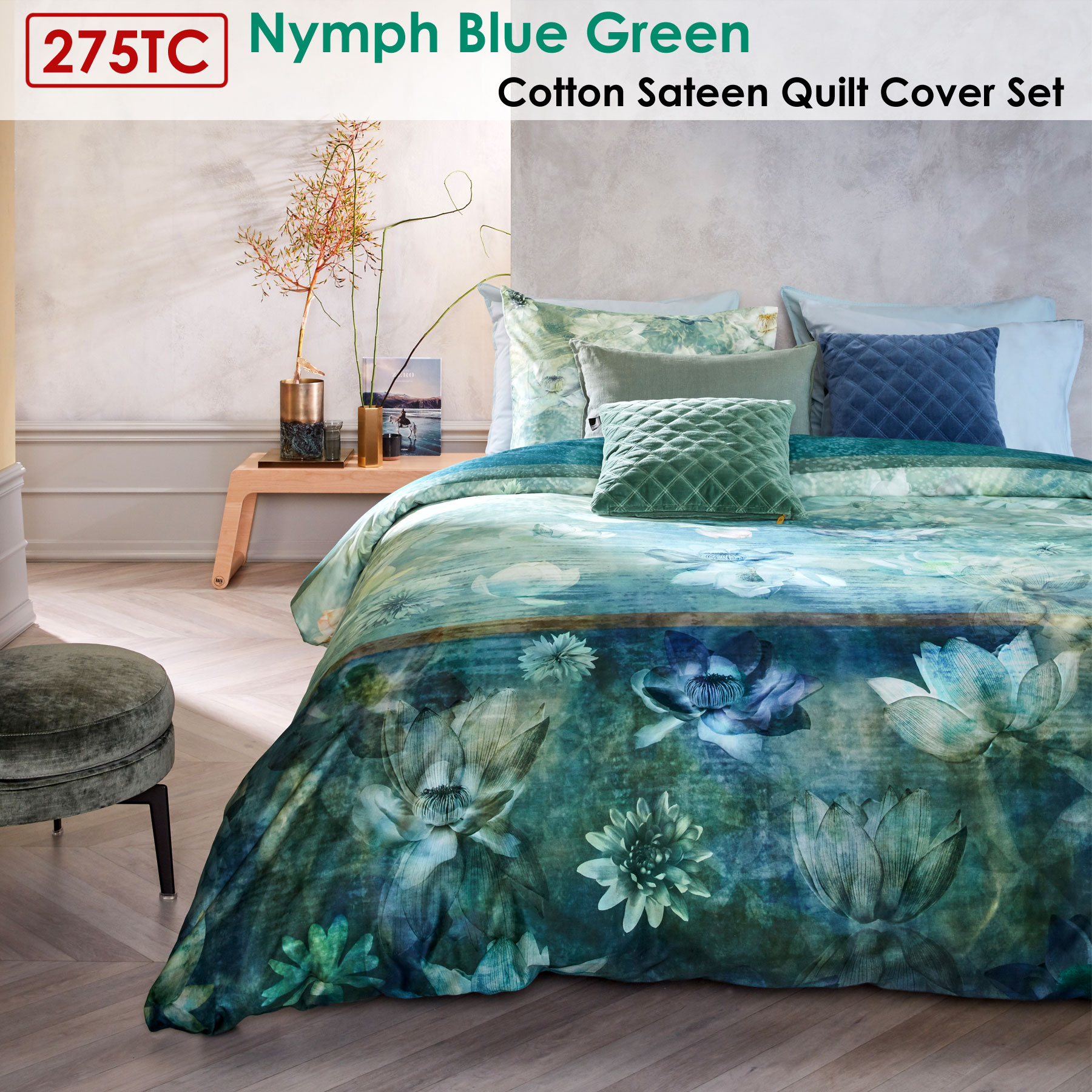 275tc Nymph Blue Green Cotton Sateen Quilt Cover Set By Auping