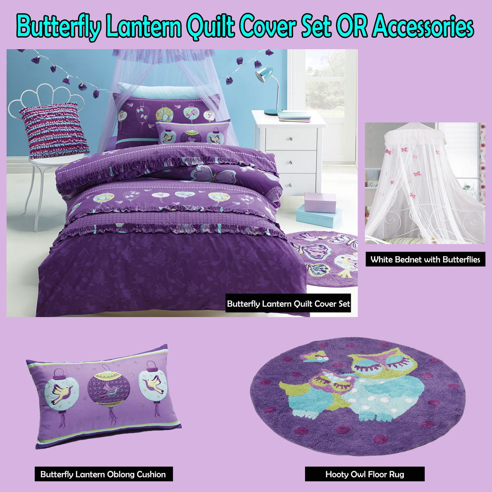 Butterfly Lantern Purple Quilt Duvet Cover Set Single Double Or