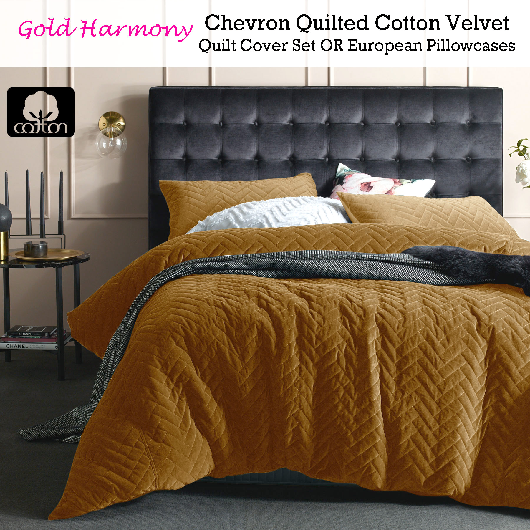 Gold Harmony Cotton Velvet Chevron Quilted Quilt Cover Set Or