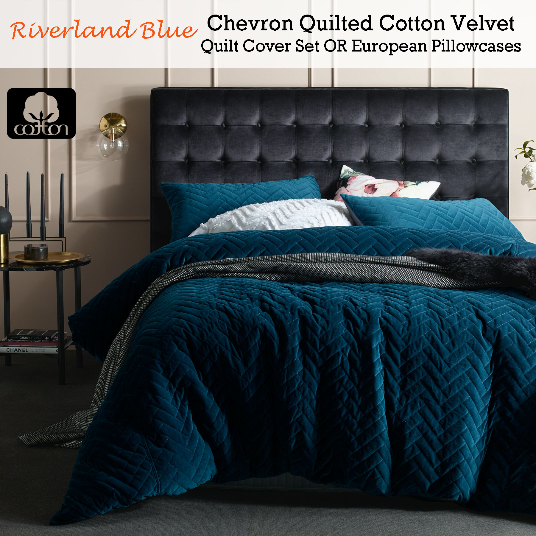 Riverland Blue Cotton Velvet Chevron Quilted Quilt Cover Set Or