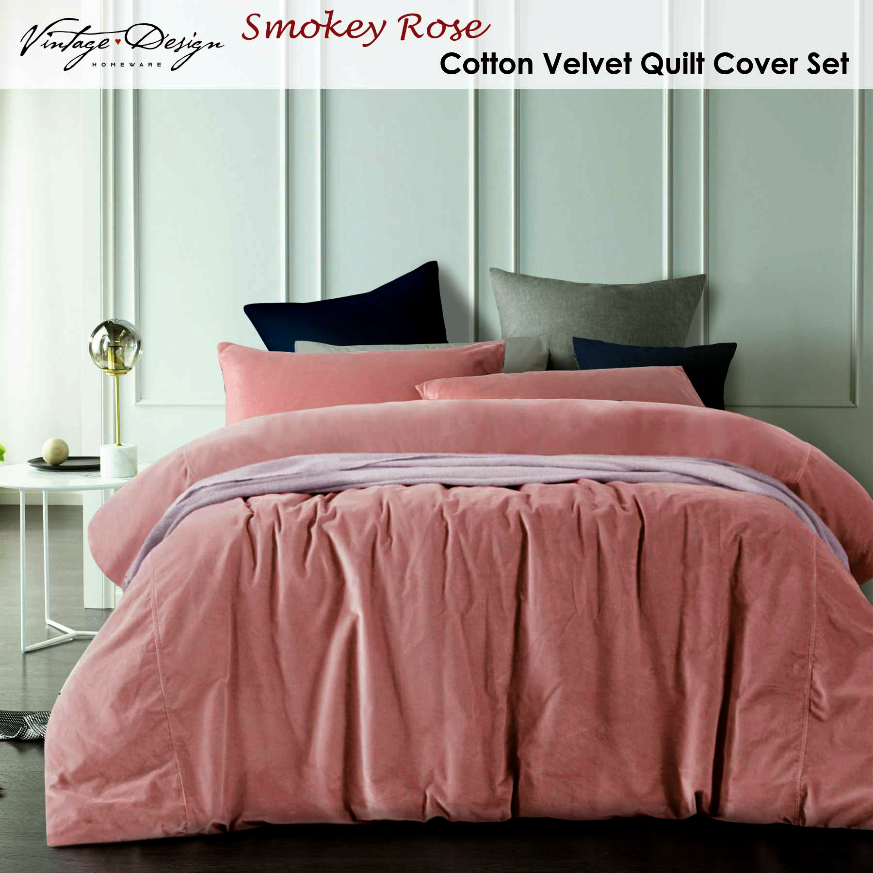 Cotton Velvet Quilt Cover Set OR European Pillowcases Smokey Rose by Vintage Design Homewares