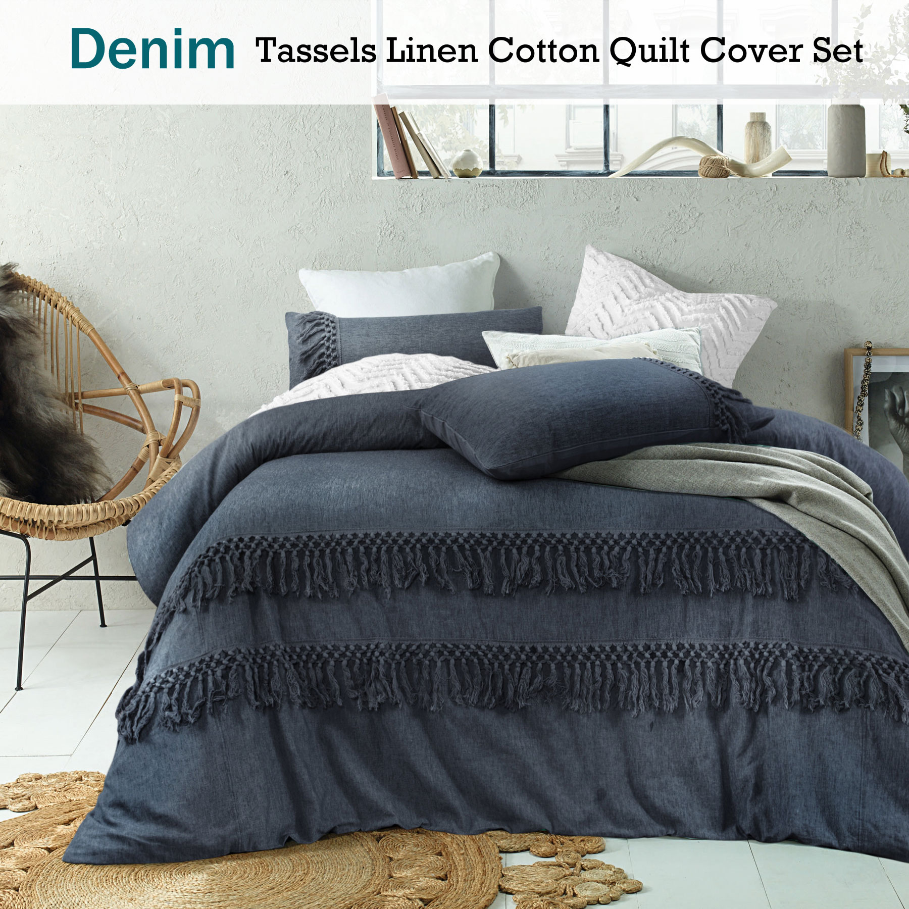 Denim Boho Tassel Linen Cotton Quilt Cover Set By Accessorize