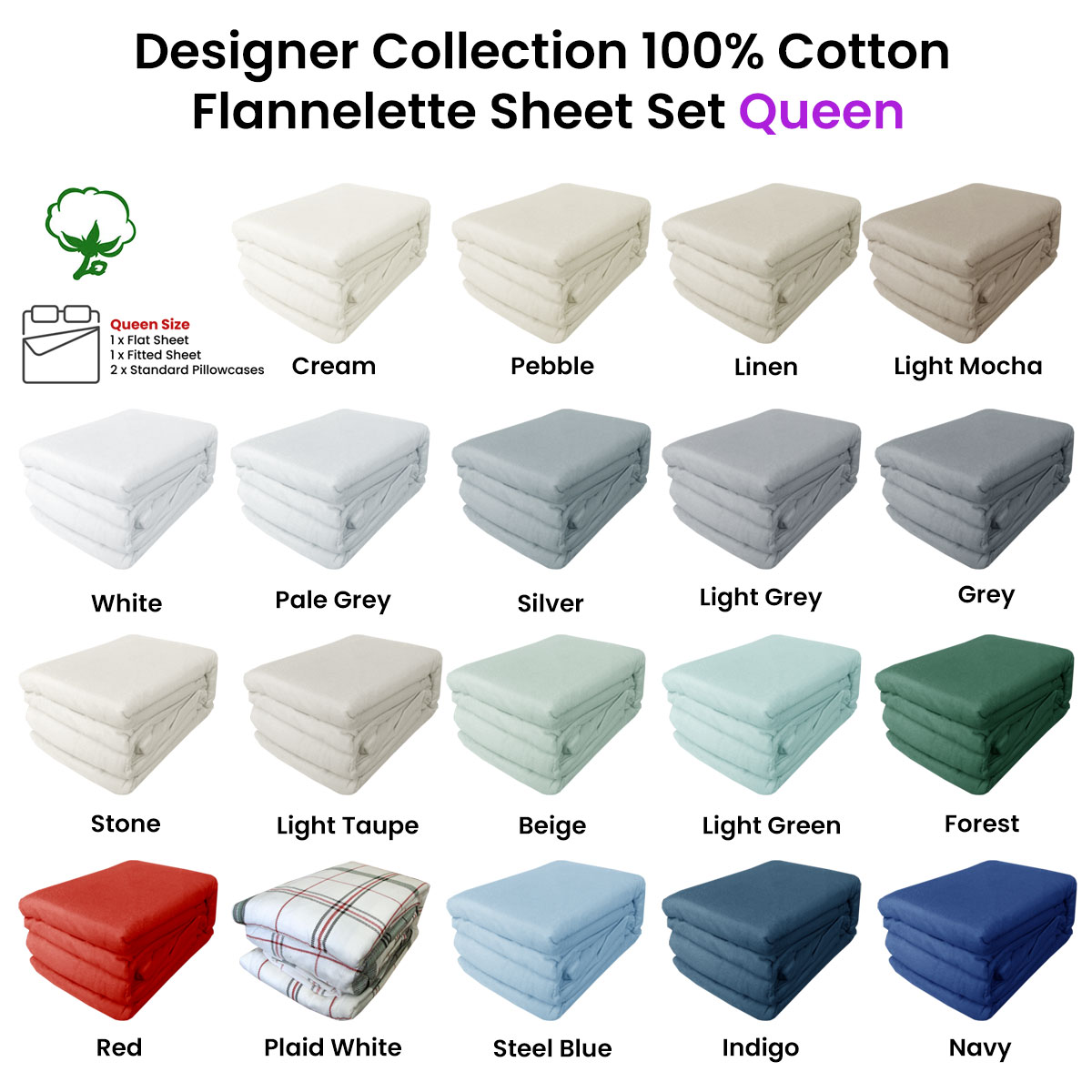 Designer Collection 100% Cotton Flannelette Sheet Set Queen 40 cm Wall