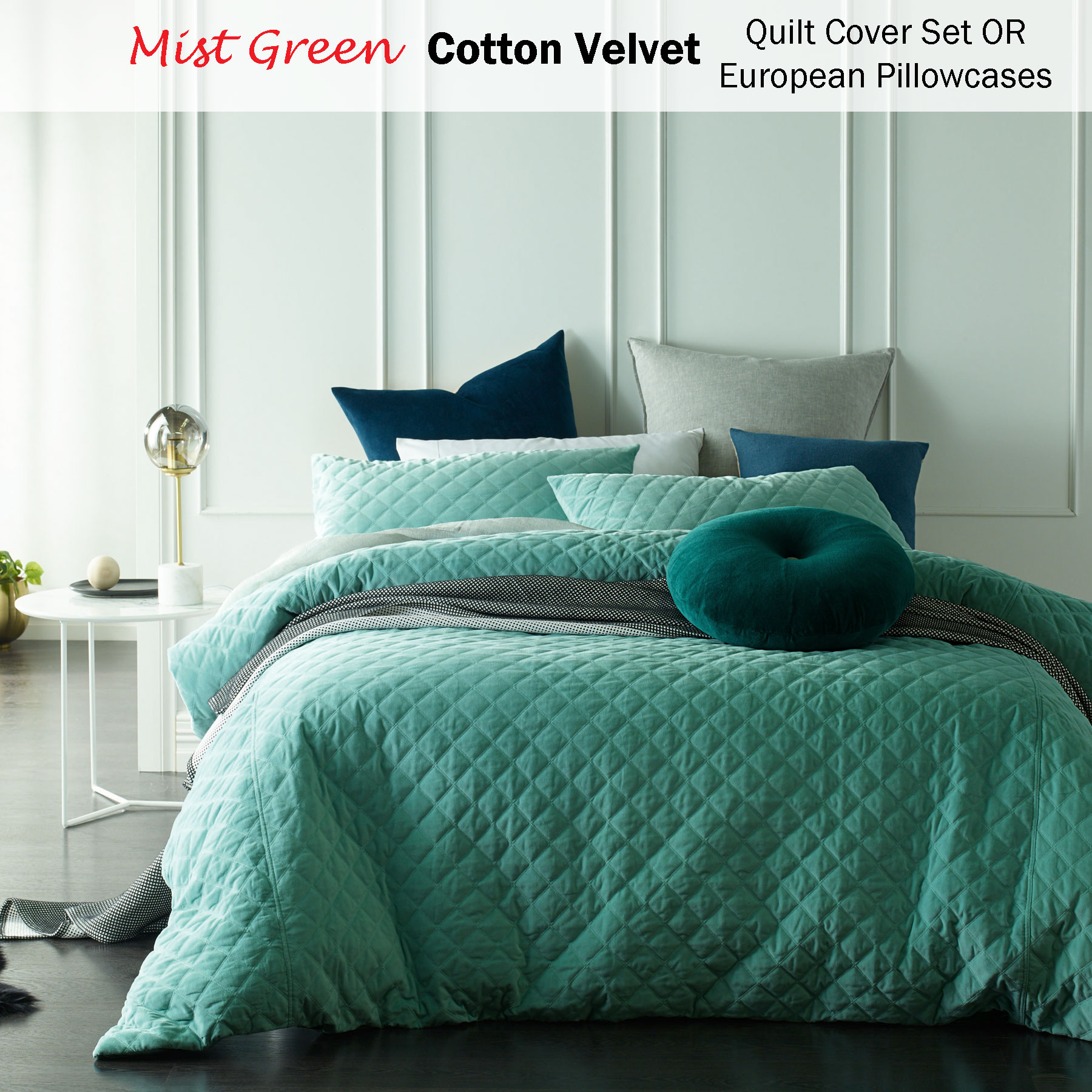 Mist Green Cotton Velvet Diamond Quilted Quilt Cover Set Or