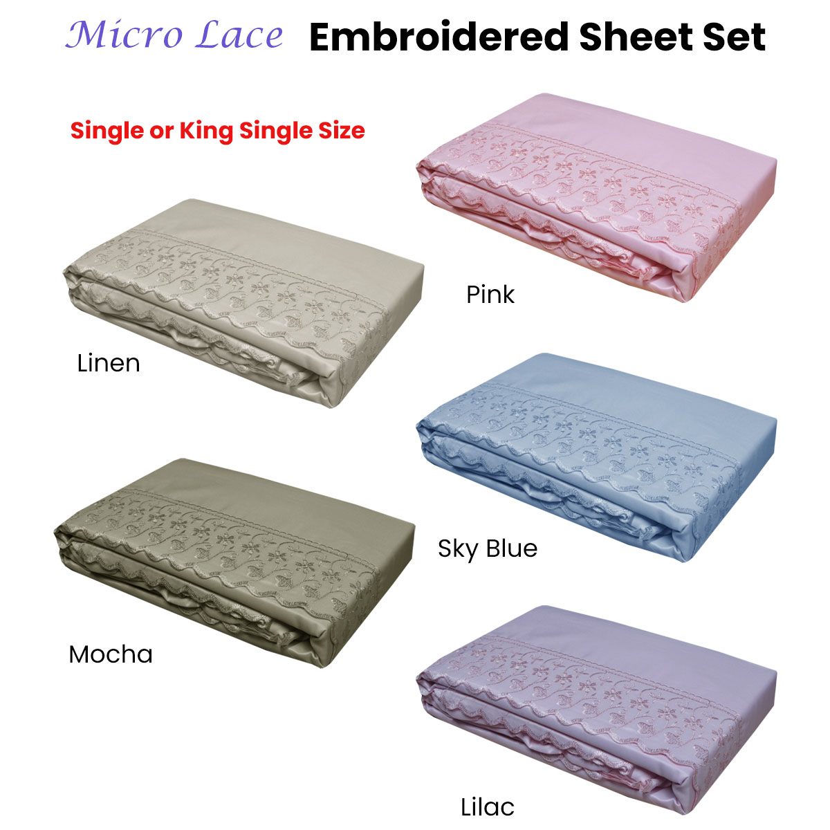 Machine Lace Embroidered Polyester Sheet Set Single or King Single Size by Essentially Home Living