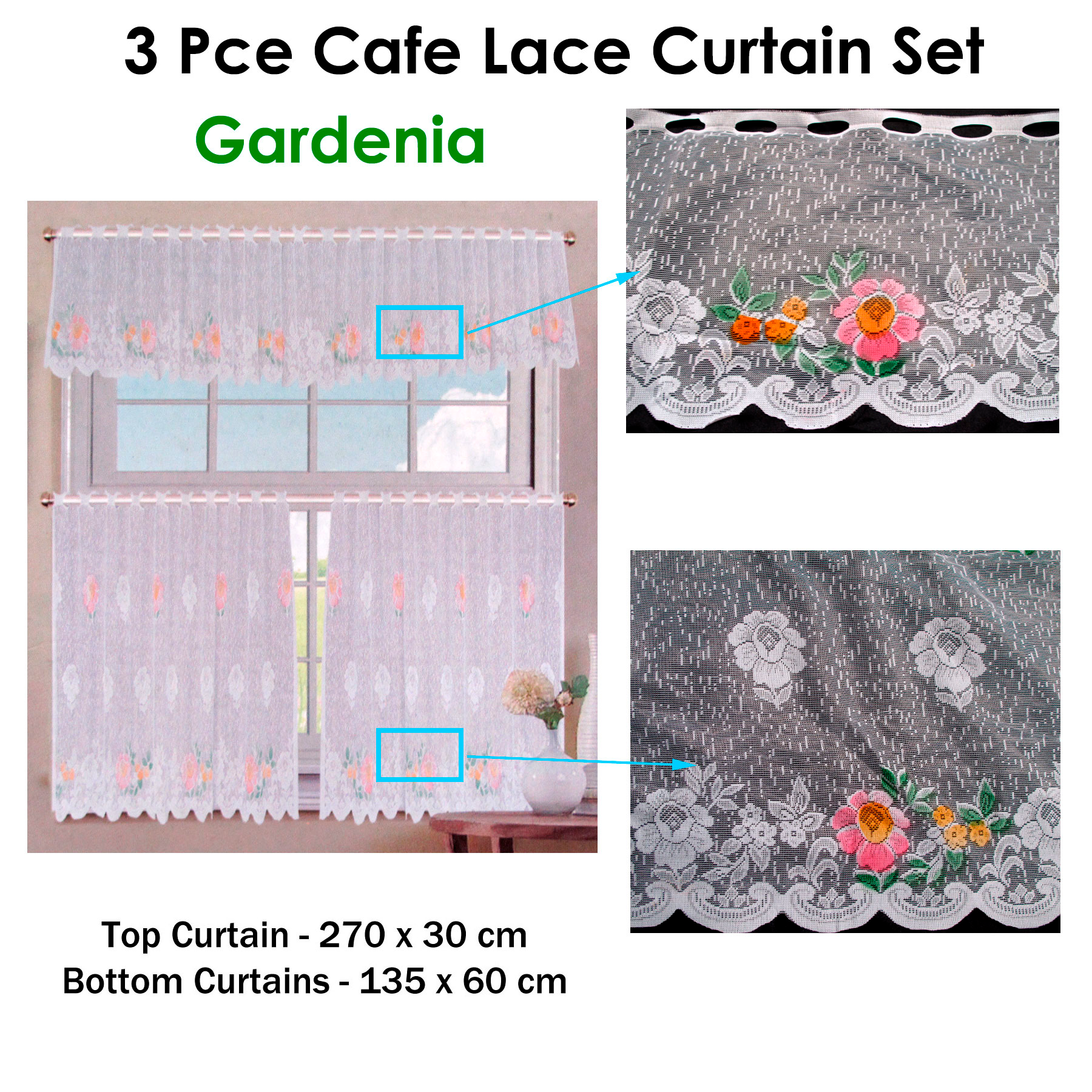 3 Pce Cafe White GARDENIA Lace Kitchen Window Curtain Set