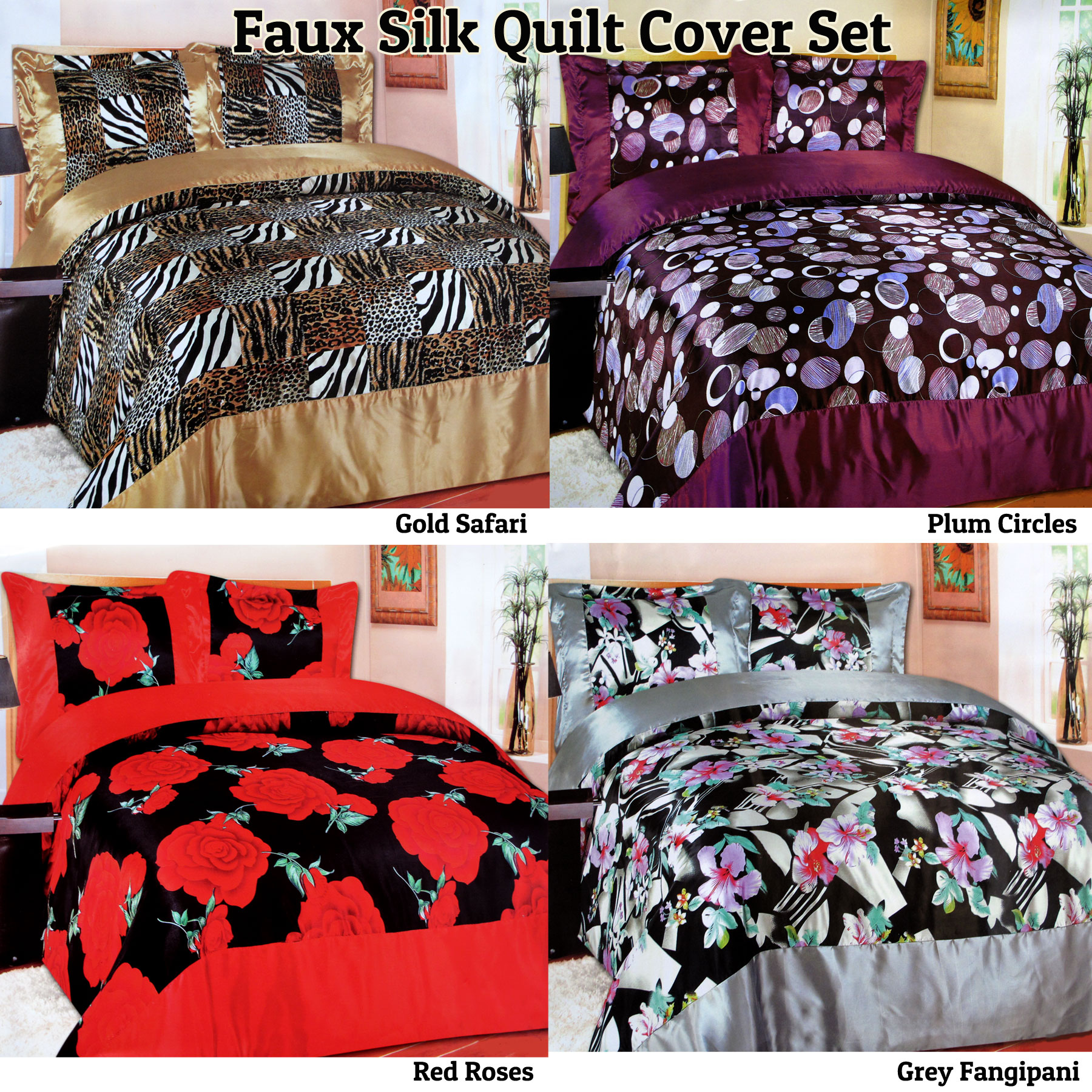 3 Pce Faux Silk Quilt Doona Duvet Cover Set Queen King Ebay