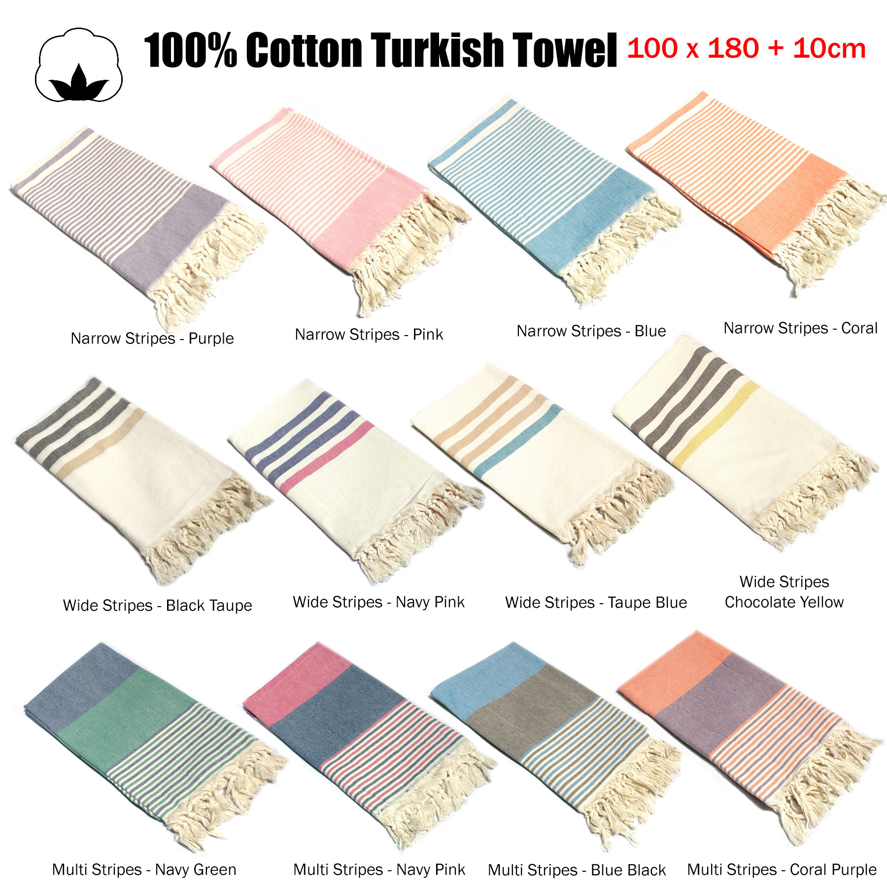 100% Cotton Fringe Turkish Towel 100 x 180 + 10cm
