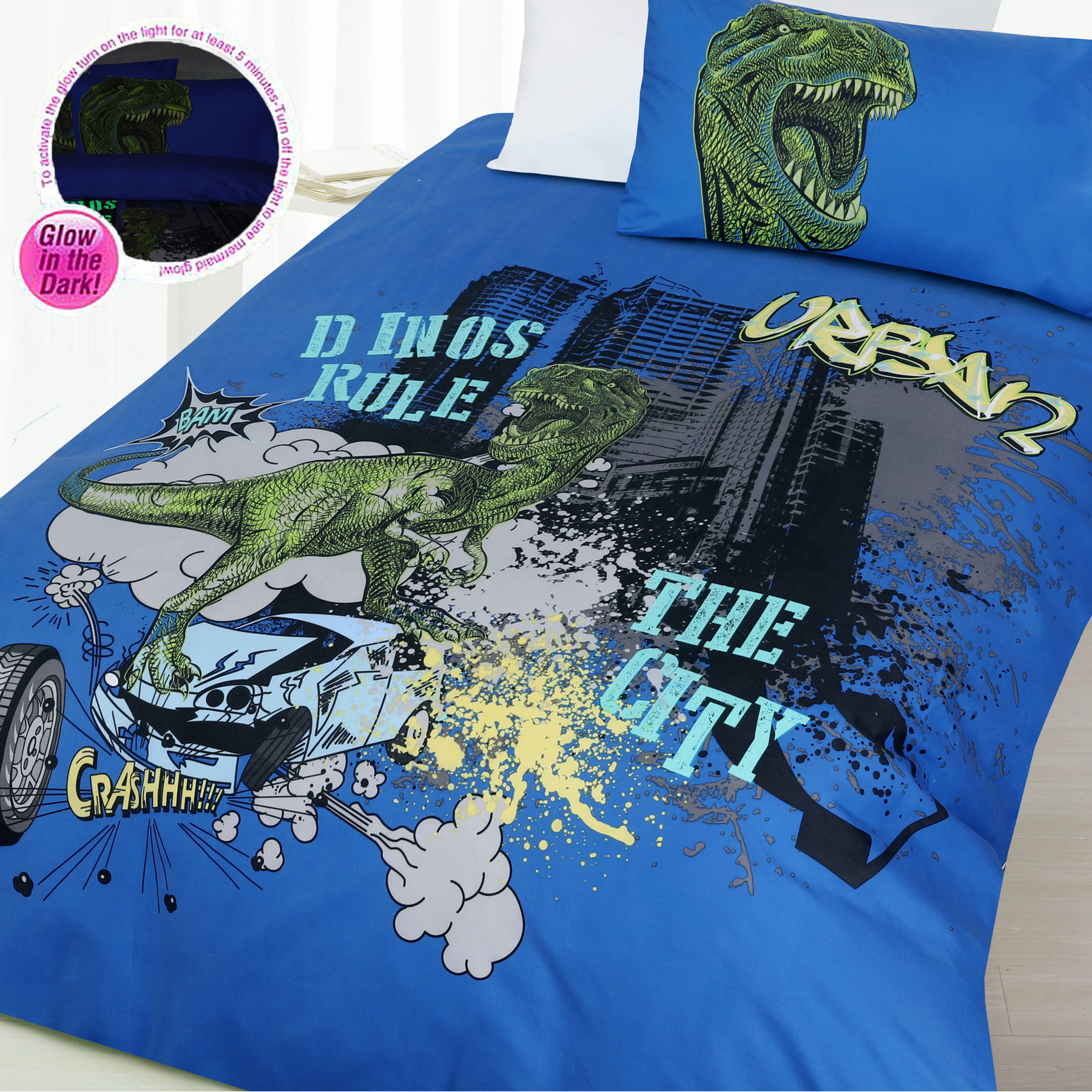 Glow In The Dark Dino City Dinosaur Quilt Doona Duvet Cover Set
