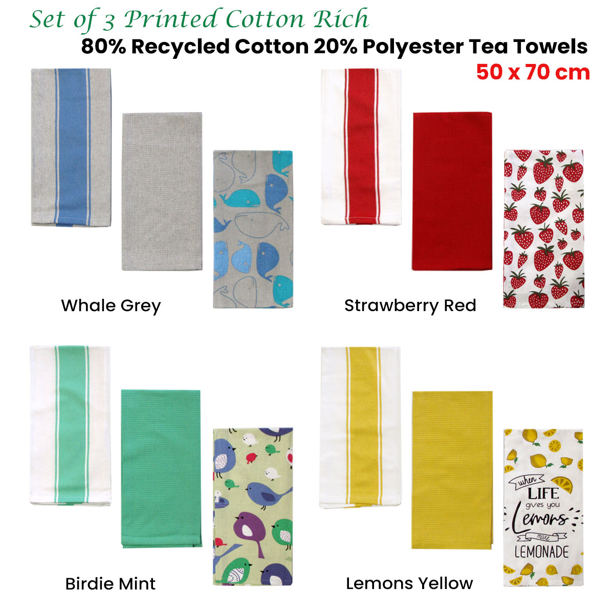 Home Oasis Set of 3 Printed Cotton Rich Tea Towels 50 x 70 cm