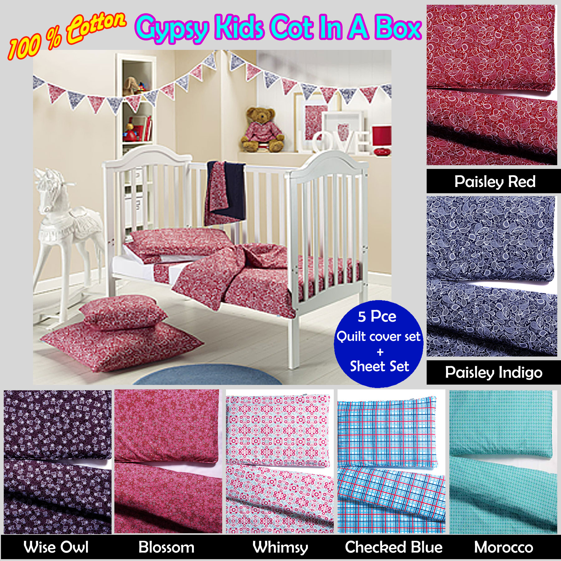 6 Pce - Gypsy Kids Cot in a Box Bedding Package 