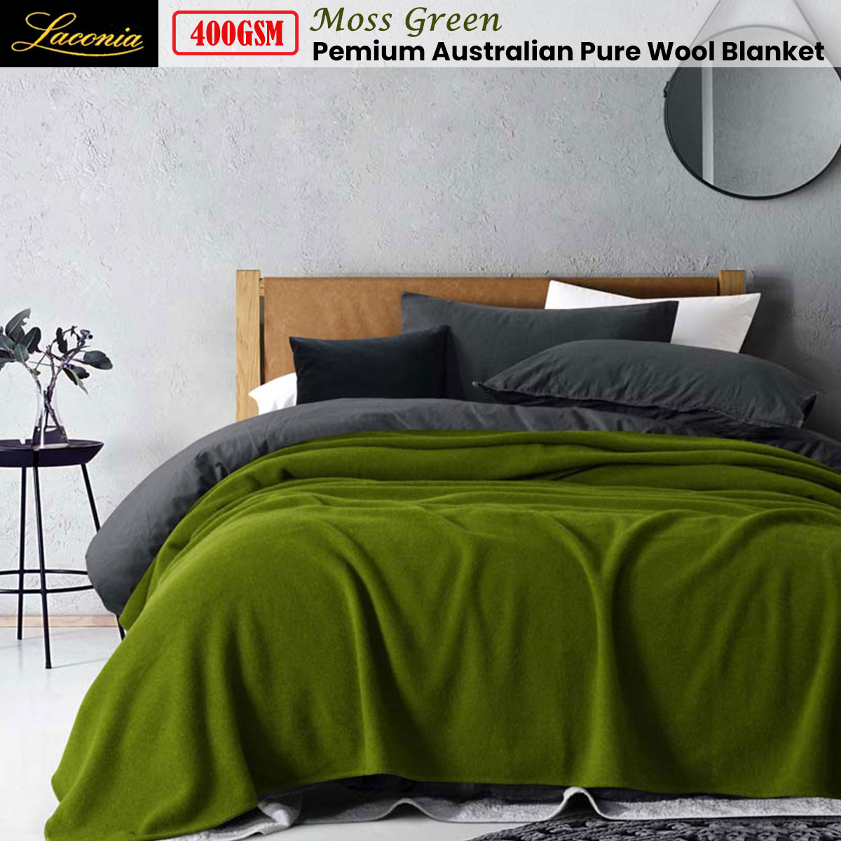 400GSM Premium Australian Pure Wool Blanket Moss Green by Laconia