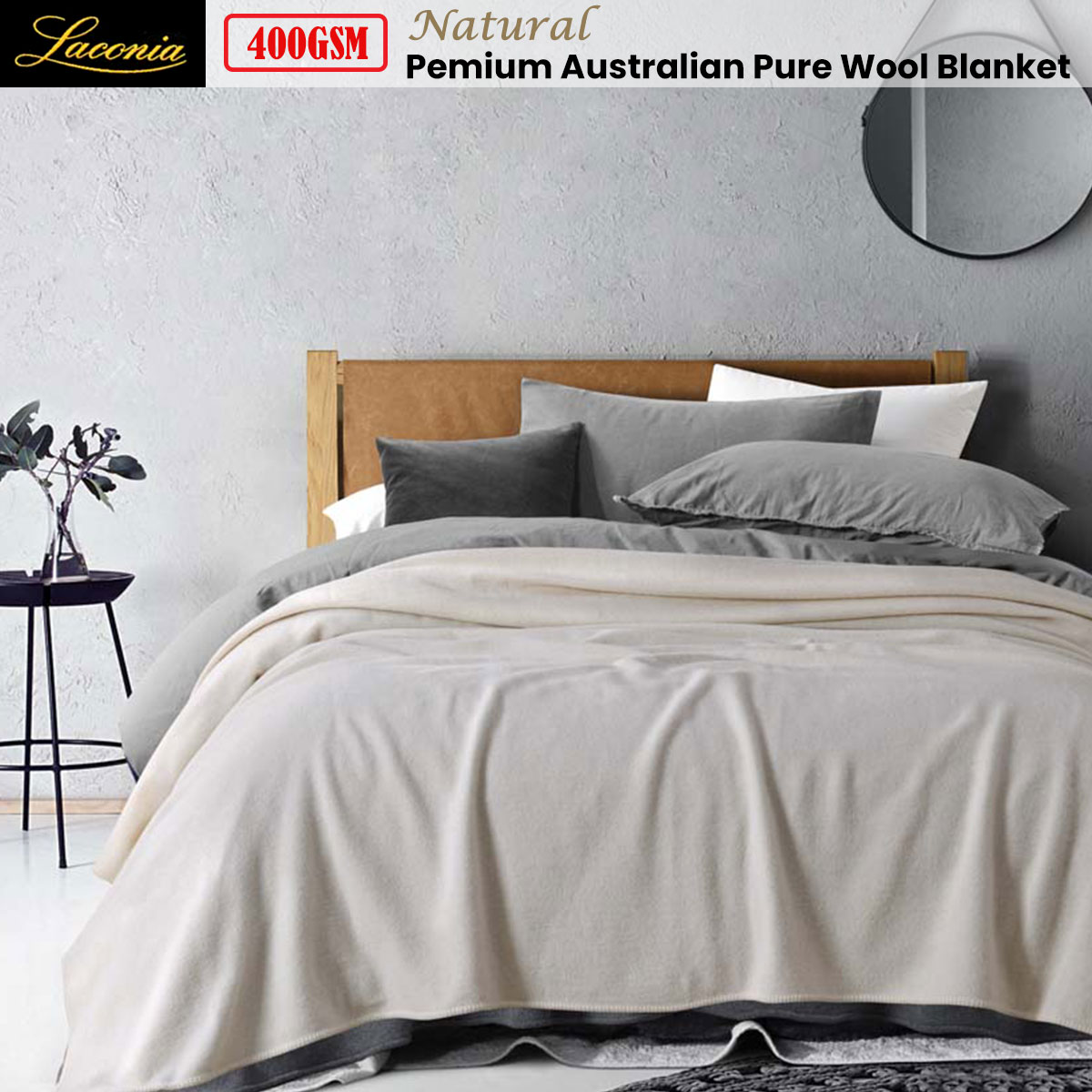 400GSM Premium Australian Pure Wool Blanket Natural by Laconia