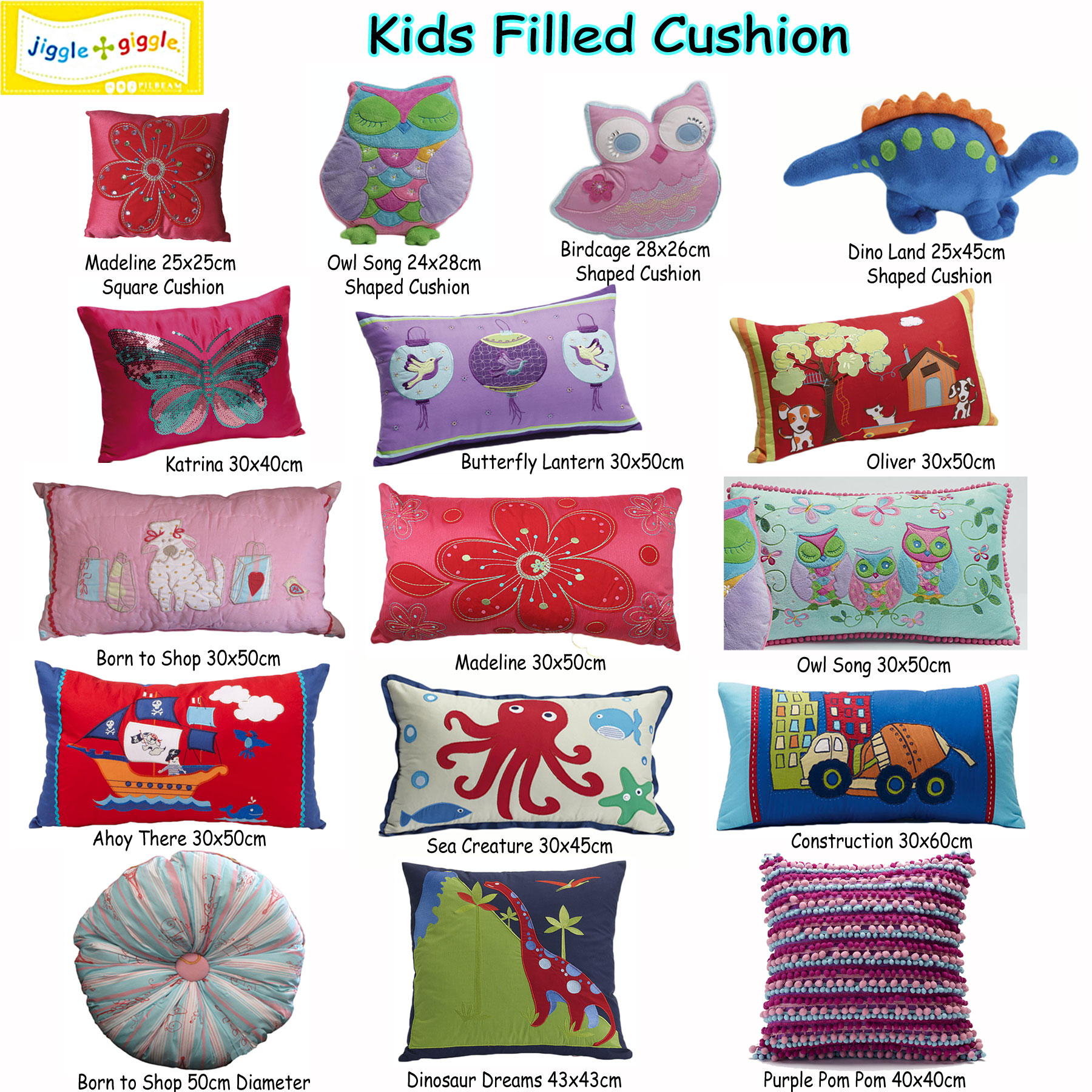 Kids Boys Girls Children Cushion by Jiggle & Giggle - Shaped Round Square Oblong