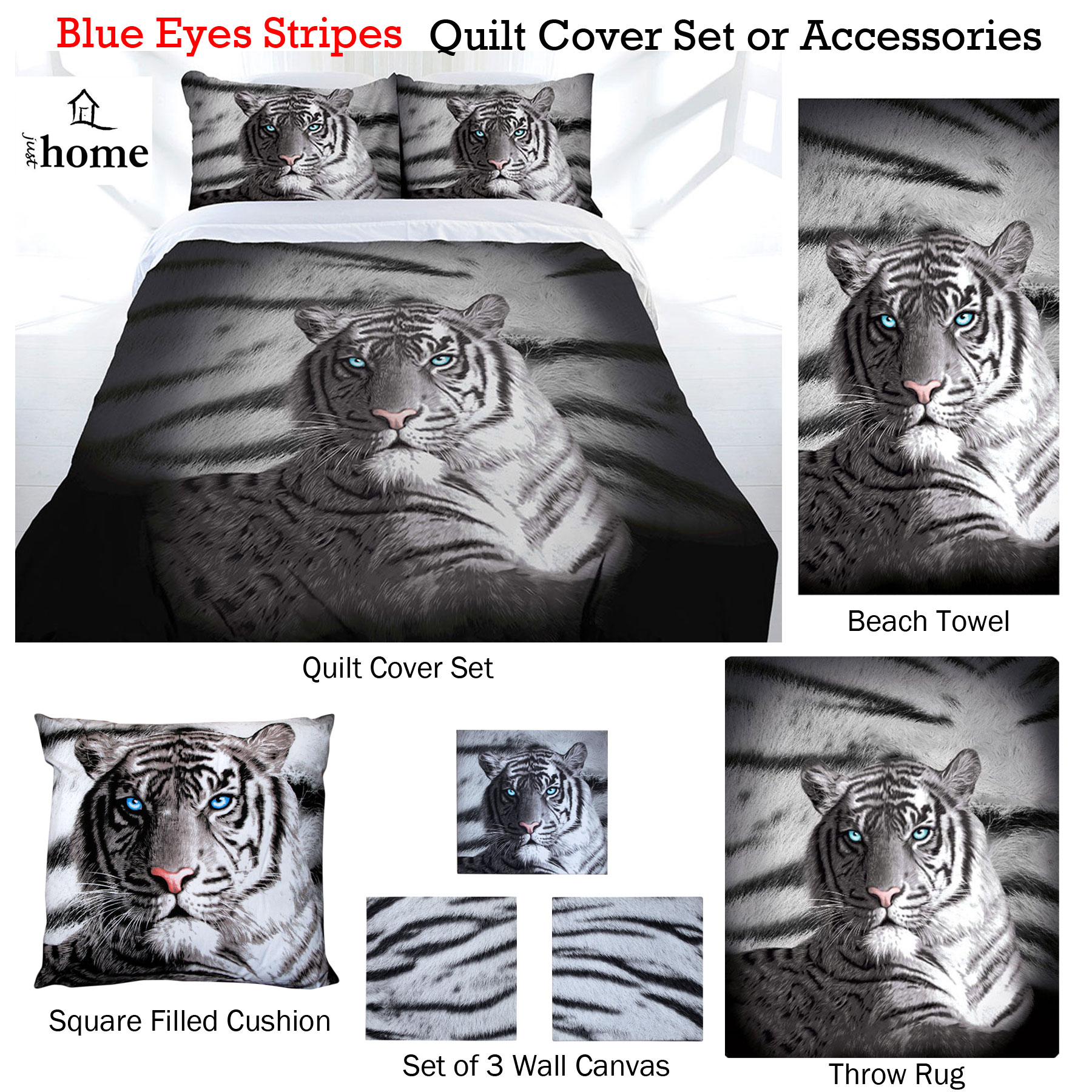 White Tiger DuvetDoona Quilt Cover SetBlue EyesAnimal PrintKing