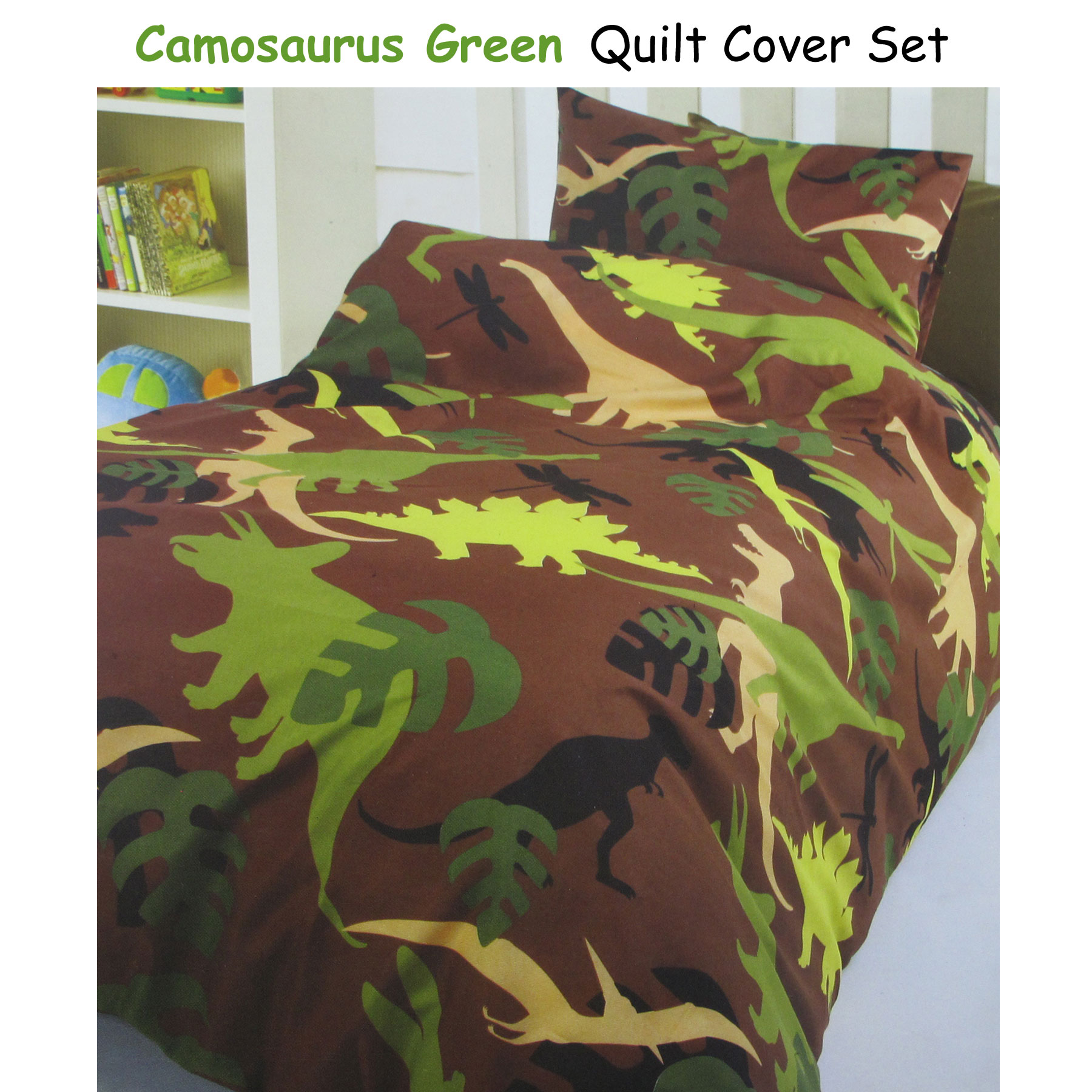 3 Pce Camosaurus Dinosaur Green Kids Boys Quilt Cover Set Double