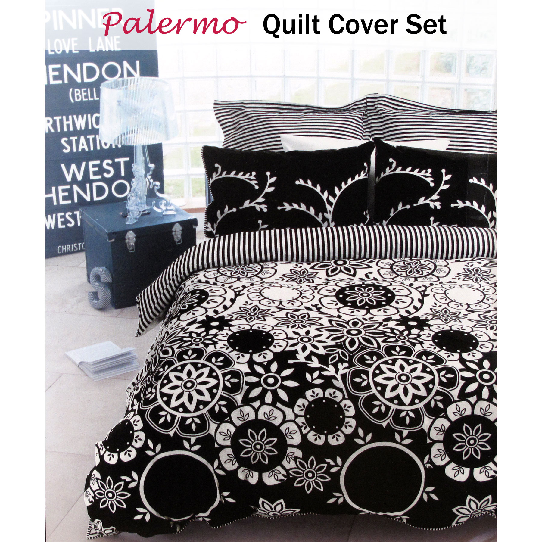 3 Pce Palermo Black White Poly Cotton Quilt Cover Set King Ebay