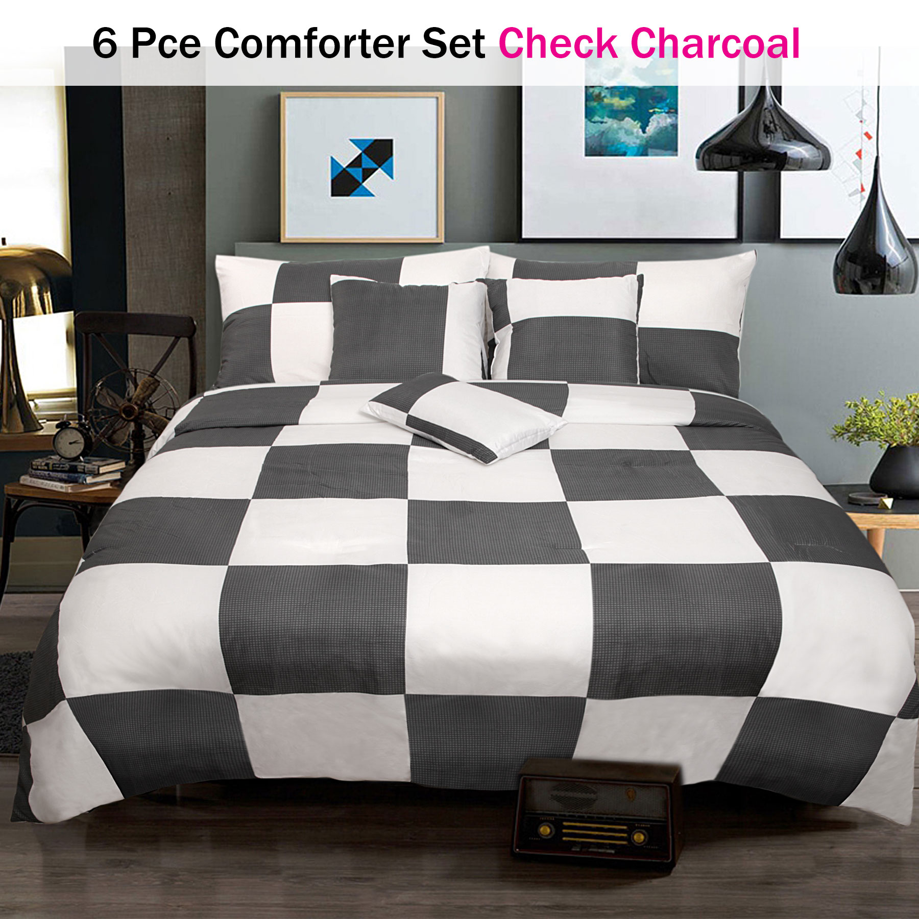 6 Pce - QUEEN Comforter Check Charcoal + 2 Pcases + 3 Cushions Shangri La