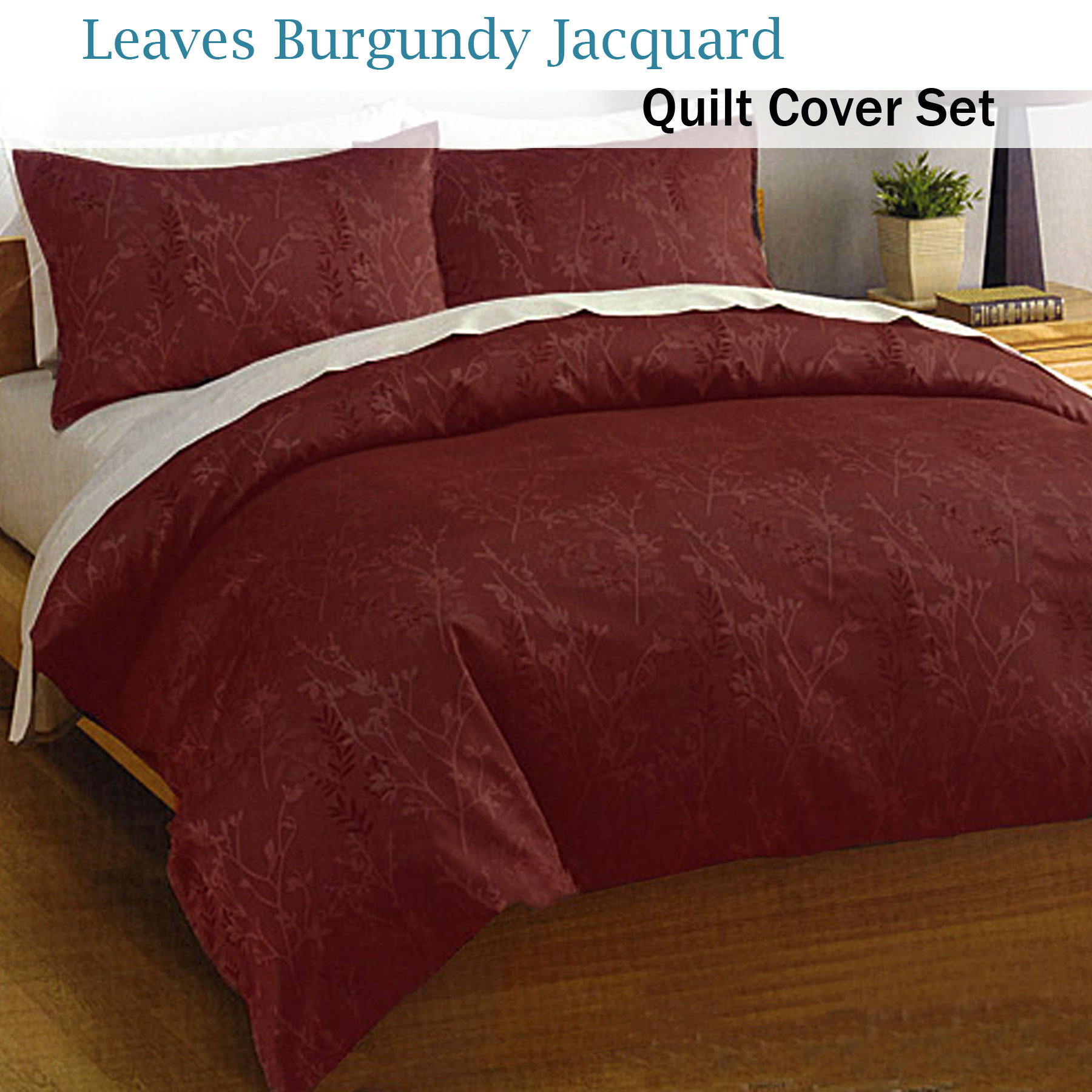 3 Pce Leaves Jacquard Burgundy Quilt Cover Set By Deco Queen