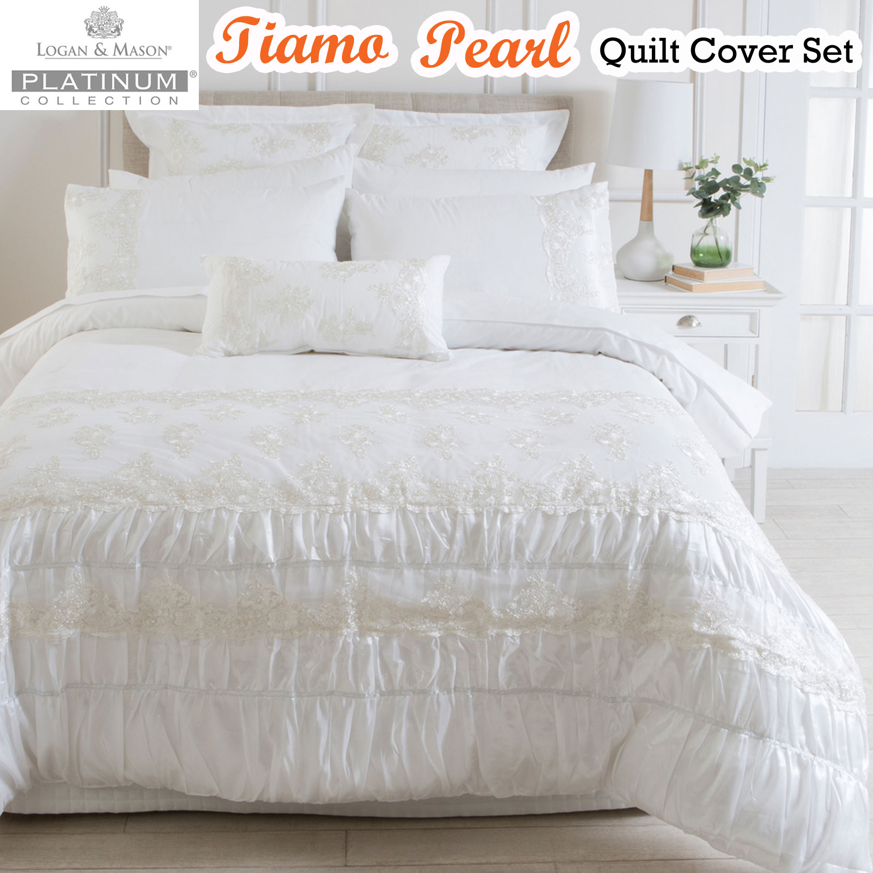 Tiamo Pearl White Ivory Ruched Quilt Cover Set By Platinum