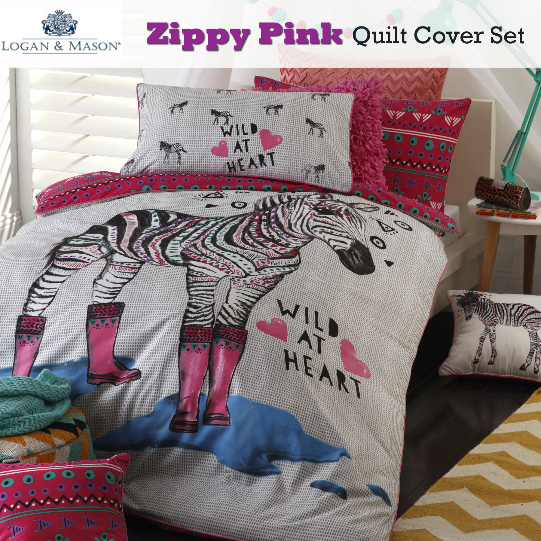 Zippy Zebra Heart Pink Girls Quilt Cover Set By Logan Mason