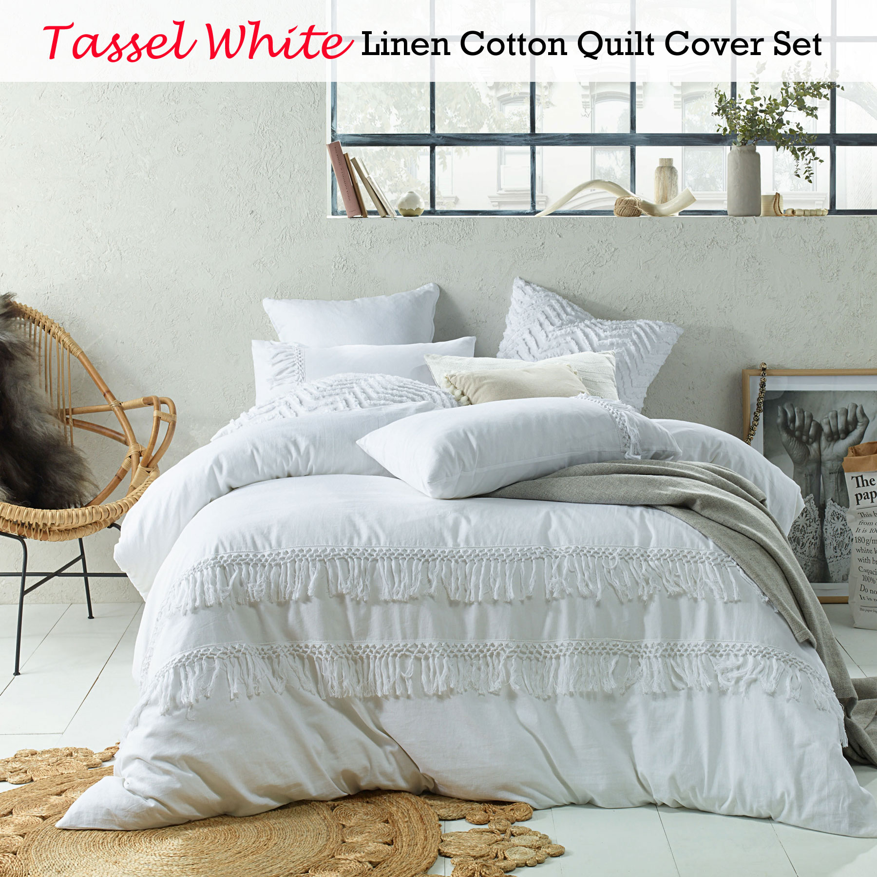 Tassel White Linen Cotton Quilt Duvet Cover Set Double Queen