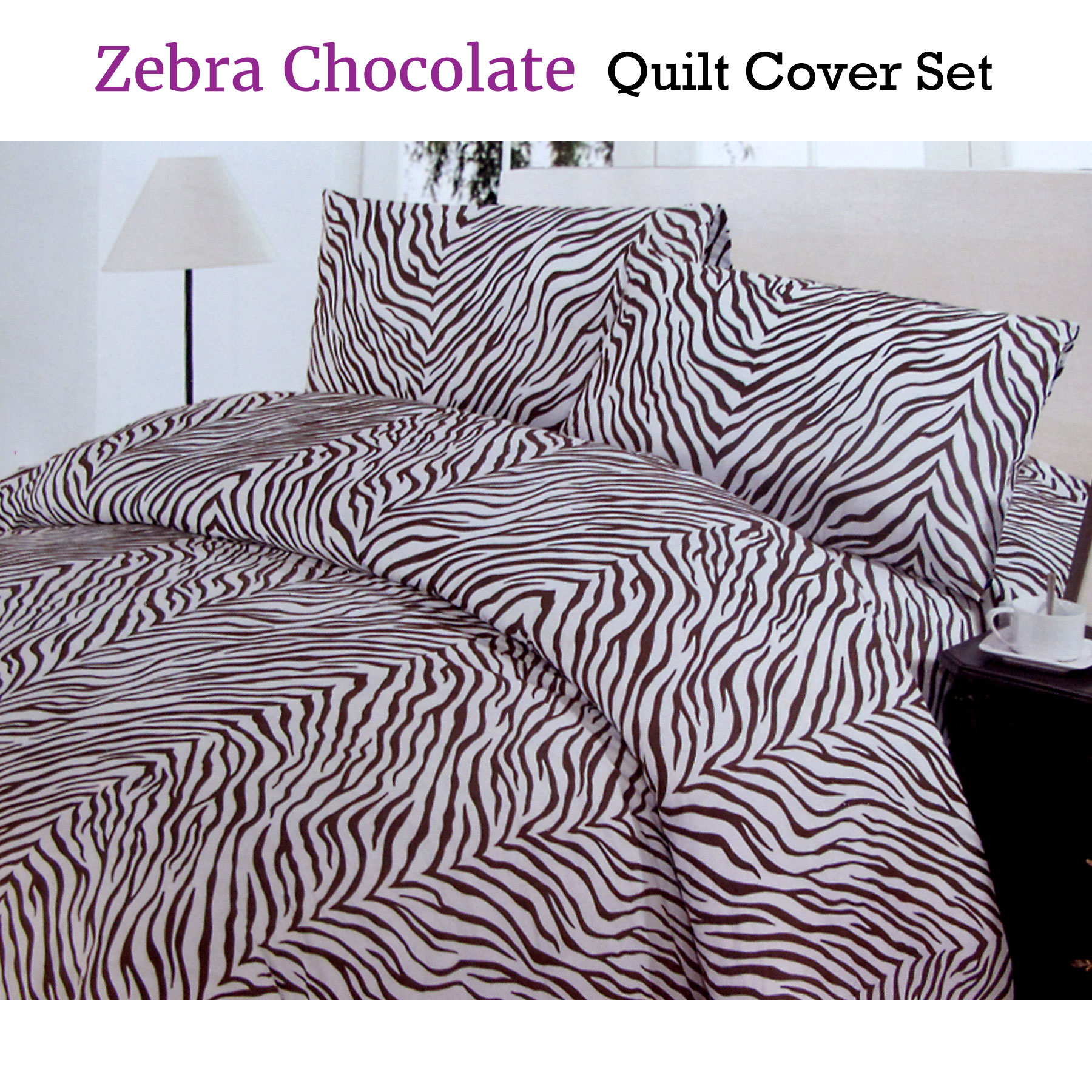3 Pce Zebra Chocolate White Quilt Doona Duvet Cover Set Double