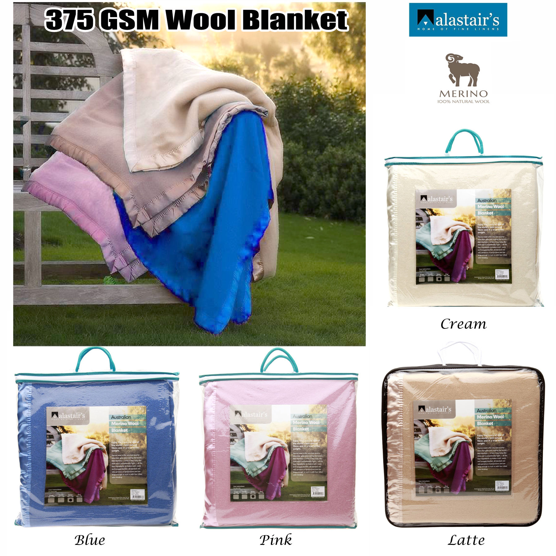375GSM Australian Merino Wool Blanket by Alastairs - SINGLE DOUBLE QUEEN KING