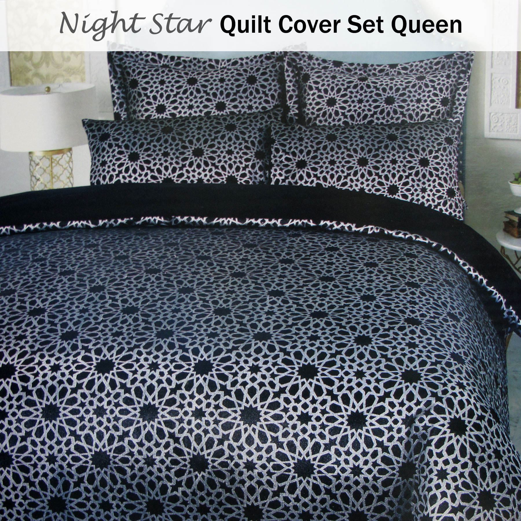 3 Pce Night Star Black Silver Quilt Cover Set Queen