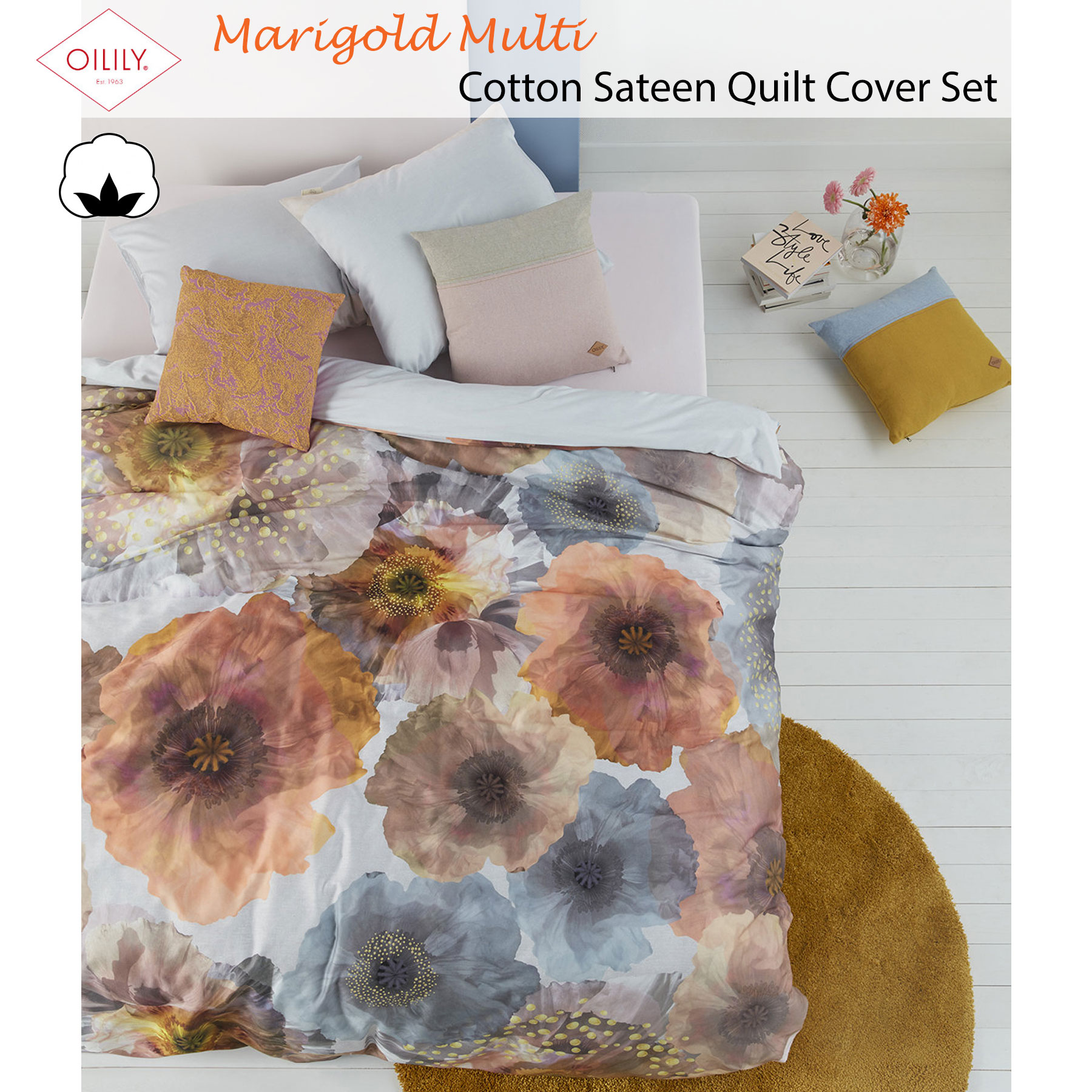 3 Pce Marigold Floral Multi Cotton Sateen Quilt Cover Set By
